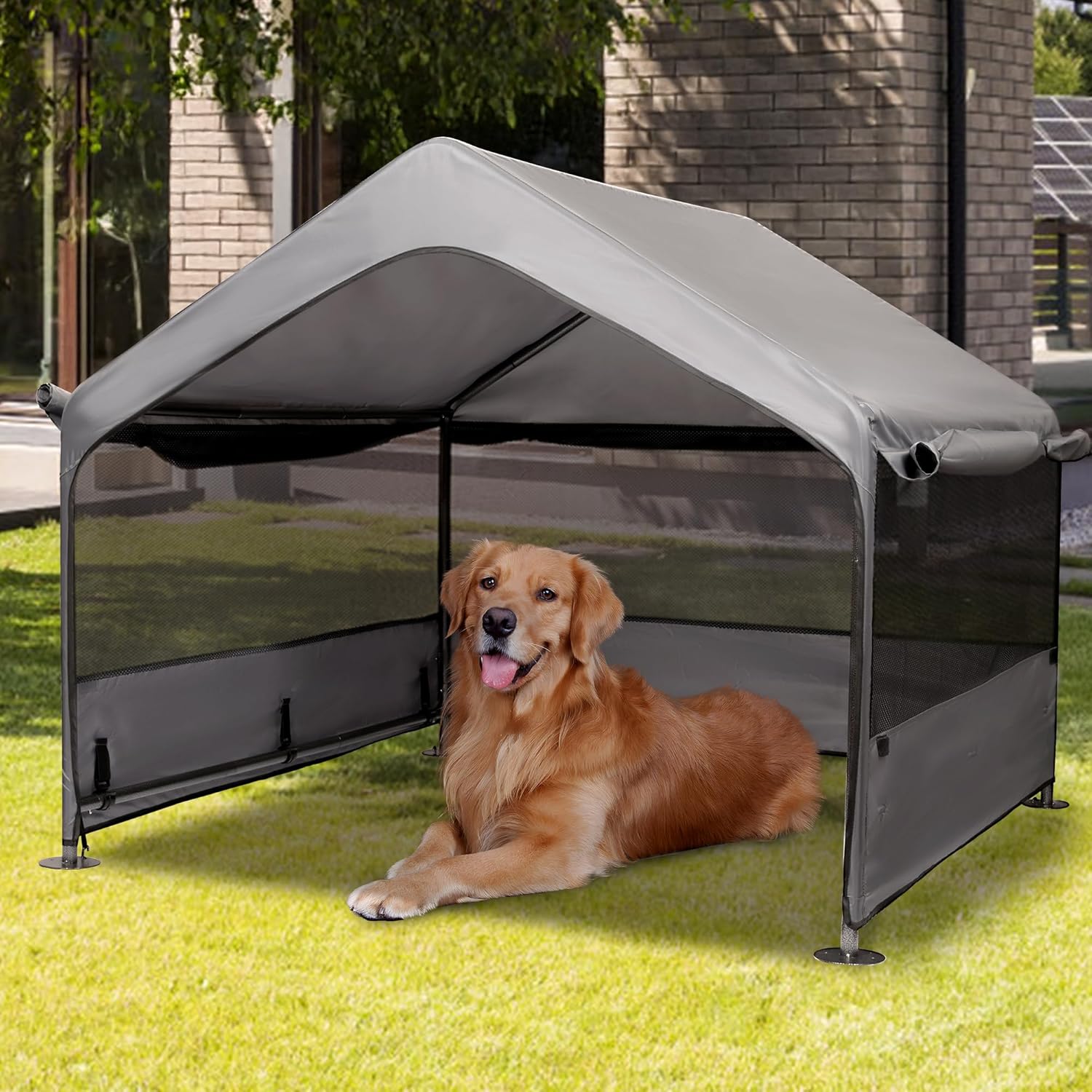 Summertrail Extra Large Dog House Outside, Dog Tent Outdoor, Big Dog Shade Shelter Doghouse Canopy with Three-Sided Breathable Mesh Windows, Gray Sun Rain Cover for Pet Cat Livestock 4’x 4’x 3.3′