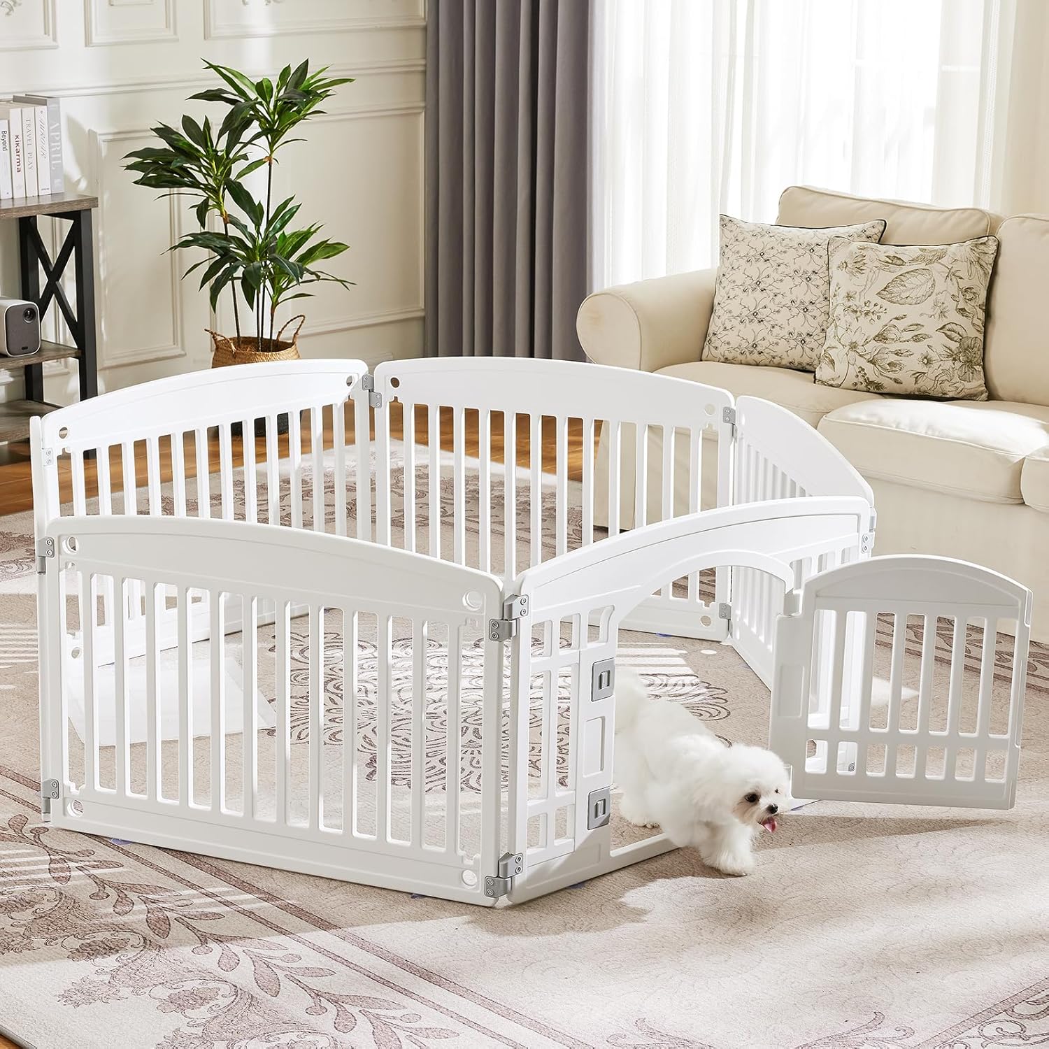 Sweetcrispy Plastic Dog Playpen – 6-Panel 24″ Expandable & Durable Pet Fence for Medium Dogs – Indoor & Outdoor Portable Puppy Playpen with Secure Locking Door, White