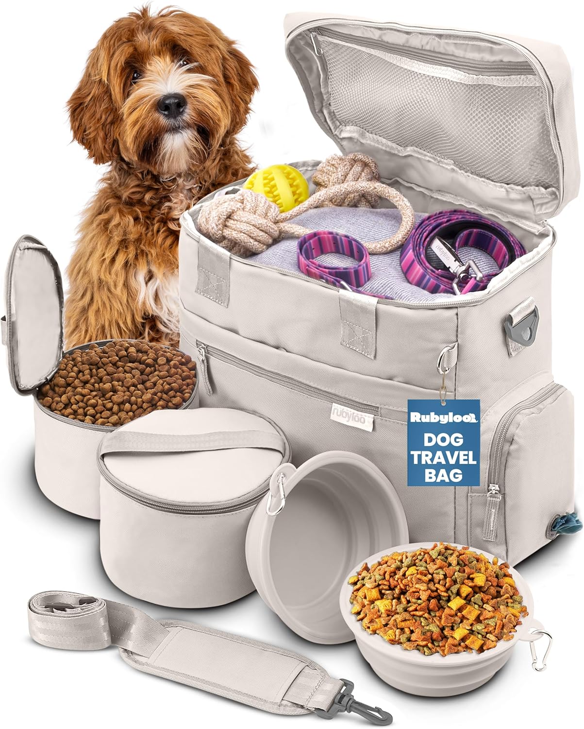 The Original Doggy Bag™ – Complete Dog Travel Bowl Bag for Supplies with 2 BPA-Free Travel Dog Bowls & 2 Food Containers – Traveling Kit for Road Trips, Camping, Weekend Away or Doggy Gift – Beige