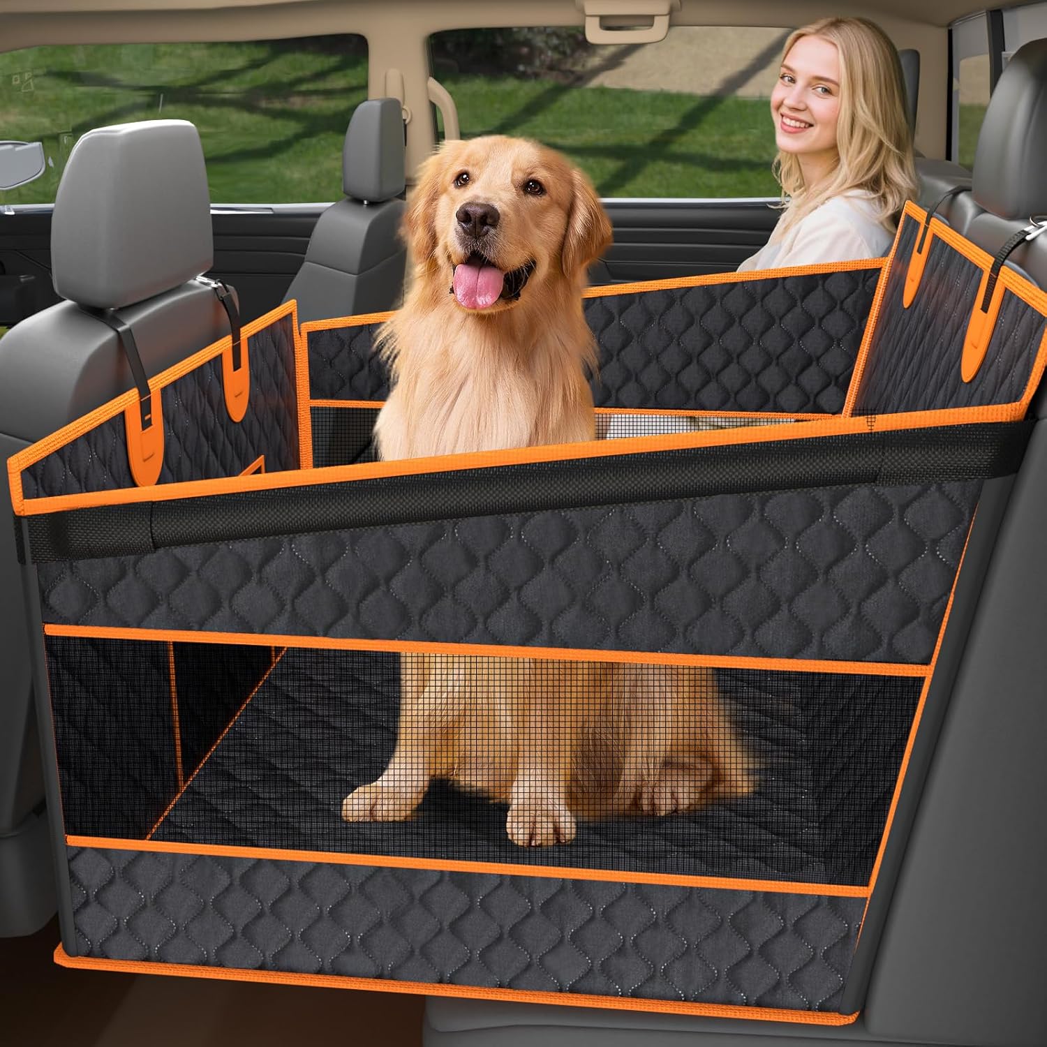 Toffos Dog Car Seat for Large Dogs, Extra Stable Seat Extender for Dogs with Hard Bottom, Waterproof and Foldable Design Pet Car Seat with Breathable Mesh Window