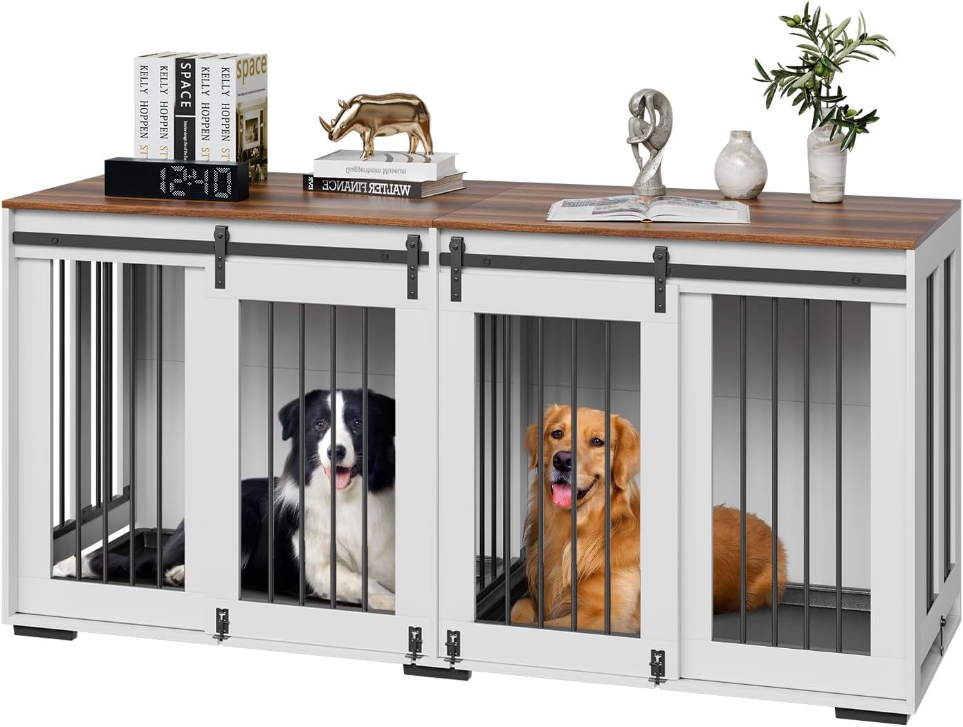 VEVOR 72″Dog Crate Furniture for 2 Dogs,Double Dog Crate Furniture with Double Sliding Doors,Large Dog Crate TV Stand with Removable Tray,Steel Frame Double Dog Crate for Small,Medium,Large Dogs White