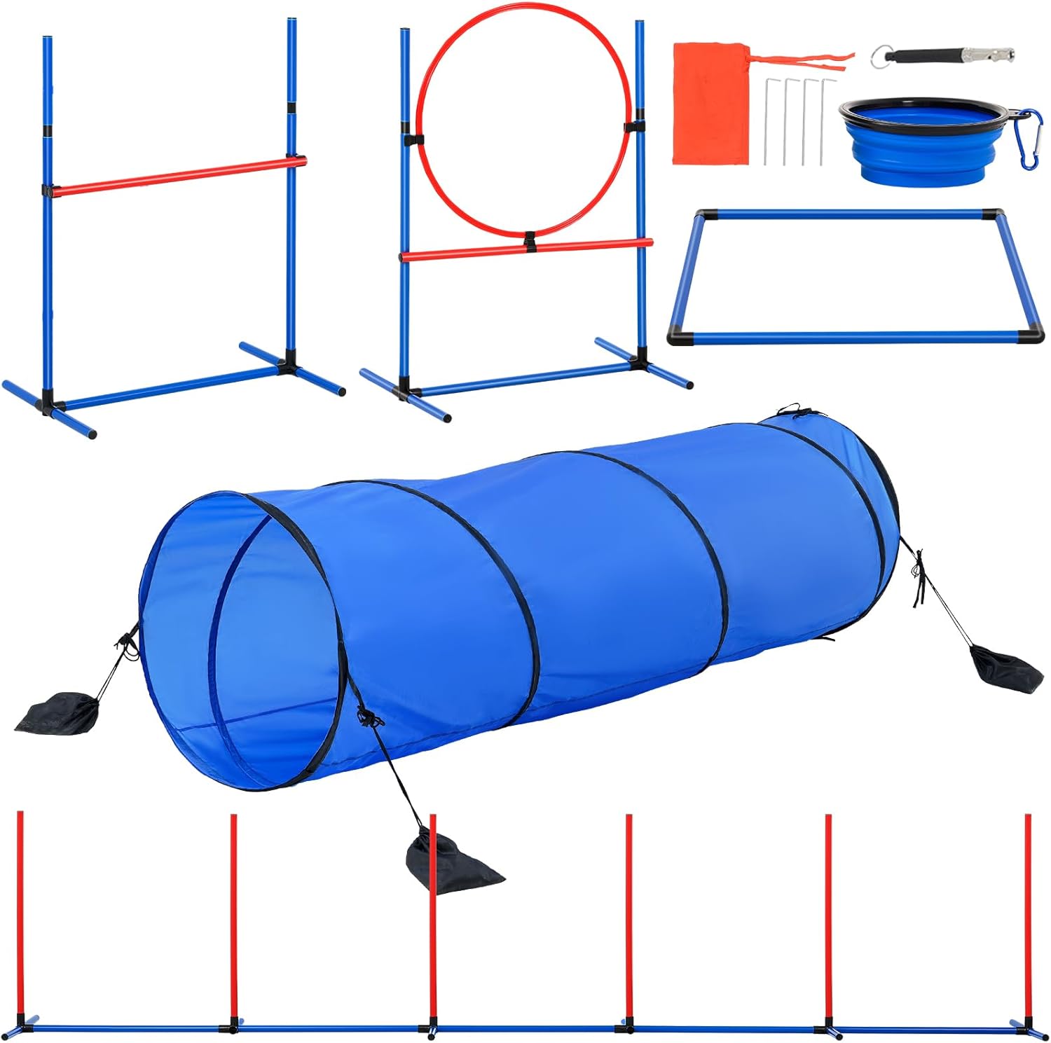 VEVOR Dog Agility Training Equipment, Dog Agility Course Backyard Set with Adjustable High Hurdles,6 Weave Poles,Tunnel,Jump Ring,Pause Box,Whistle,Foldable Bowl,Storage Bag, Puppy Obstacle Course Kit