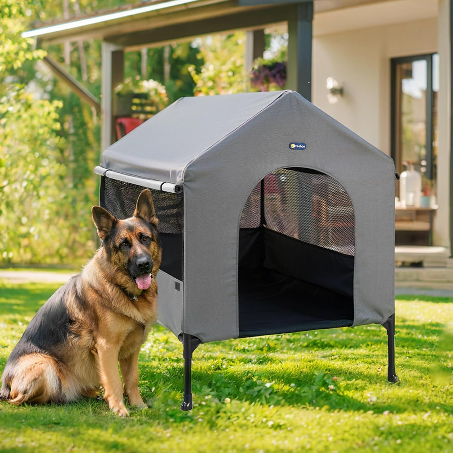 Veehoo 41″ Dog House, 2-in-1 Large Dog House Outdoor Indoor Weatherproof, Outside Elevated Dog Cot Bed Dog Tent Shade, Three-Sided Breathable Mesh Windows and Sunshades, CWC2435CP