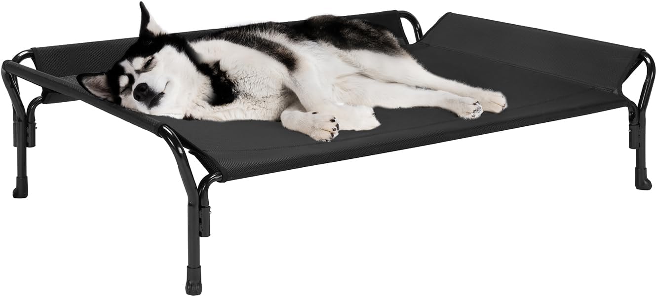 Veehoo Cooling Elevated Dog Bed, Raised Pet Cot with Guardrail & Slope Headrest, Durable & Breathable Teslin Mesh, Non-Slip Feet, Washable Dog Sofa Bed for Indoor & Outdoor, Large 47″ x 32″, Black