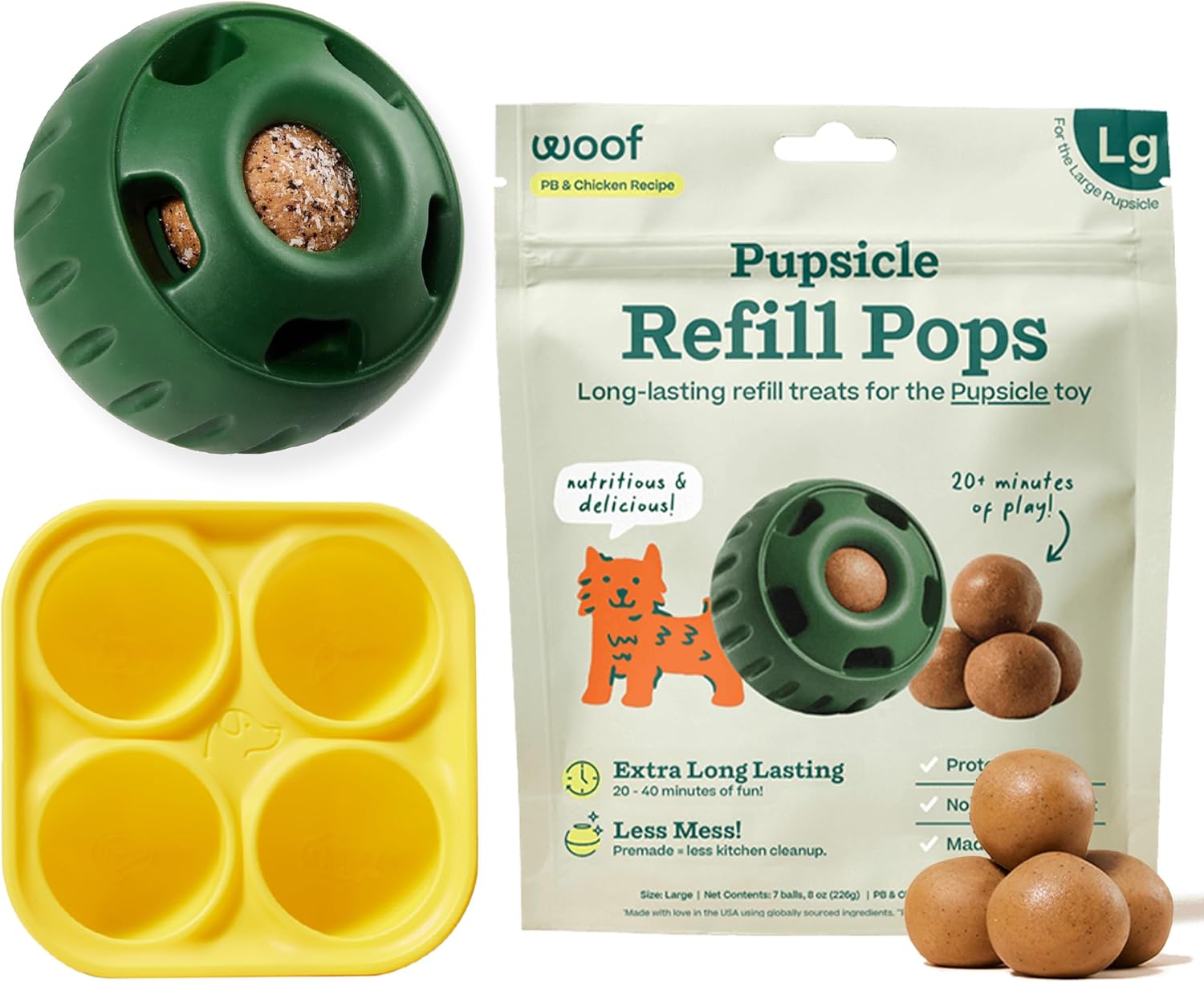 WOOF Starter Pack – Interactive Dog Toys for Boredom – Dog Treat Molds Silicone – Chicken-Flavored Healthy Treats for Dogs – Pupsicle Doggy Enrichment Toy – for Large Pups – 25-75 lbs