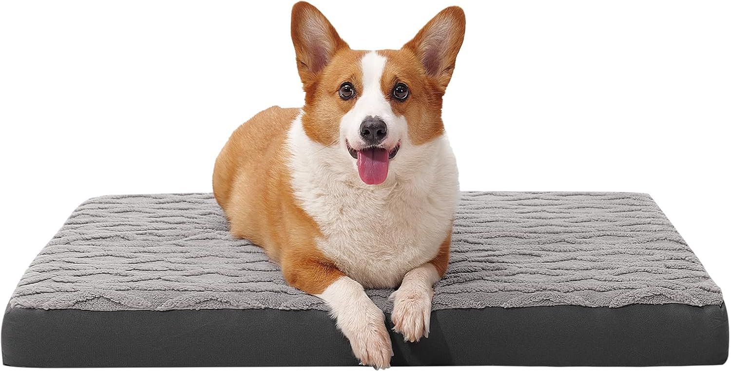 Waterproof Dog Bed Medium Size Dog – Soft Comfort Fluffy Memory Foam Pet Bed with Anti-Slip Bottom, Machine Washable Crate Bed, 35″x22″x3″, Grey