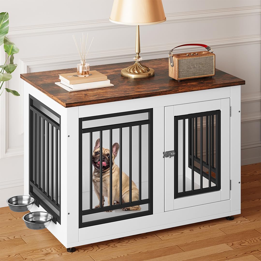 YITAHOME 35″ Dog Crate Furniture, Wooden Side End Table with Adjustable Feet and Removable Bowls, Dog Kennel Indoor for Small Medium DogsV