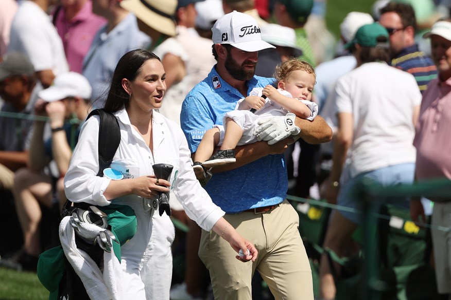 PGA Tour star and Ryder Cup player Cameron Young with wife Kelsey Dalition and son Henry at The Masters Par-3 Contest.