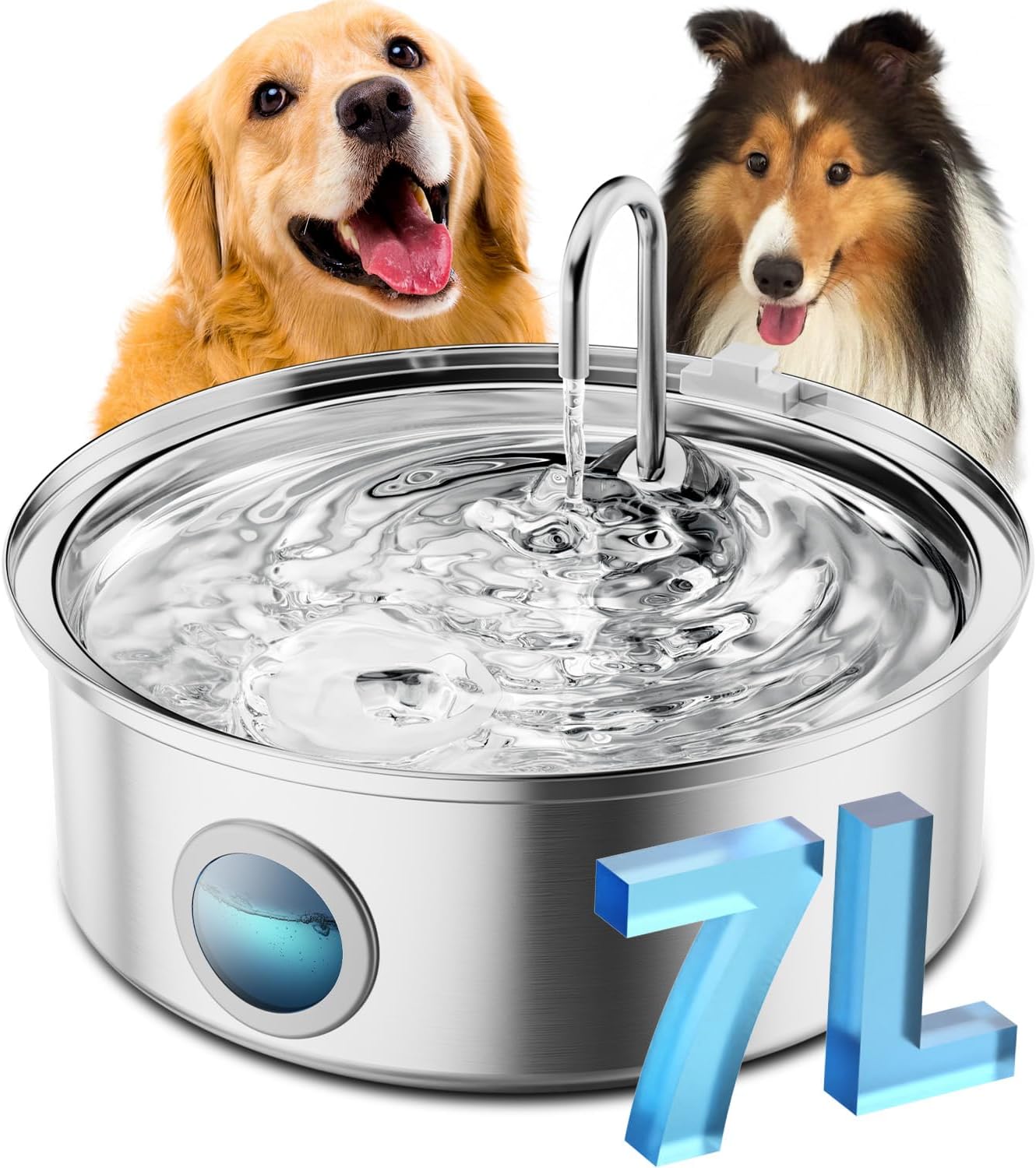 oneisall Dog Water Fountain, 7L/230oz/1.8G Quiet Dog Fountain Water Bowl, Stainless Steel Dog Water Fountain with Visual Water Level&Triple Filtration for Large Medium Small Breed Dogs Pets