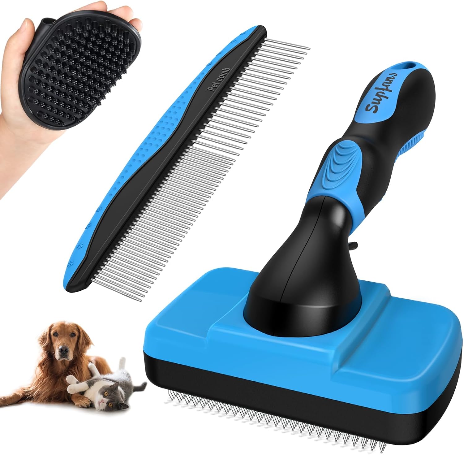 3PCS Dog Grooming Kit – Deshedding Brush, Slicker Brush, Bath Brush and Comb for Pet Supplies (Blue Black)