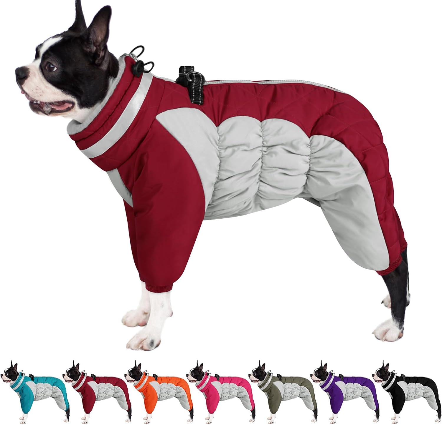 AOFITEE Fullbody Dog Coat Warm Fleece Dog Jacket, Windproof Dogs Winter Coat with Harness Built in, Reflective Turtleneck Dogs Snowsuit Puffer Jacket, Four Legged Pet Snow Suit, Christmas Red S