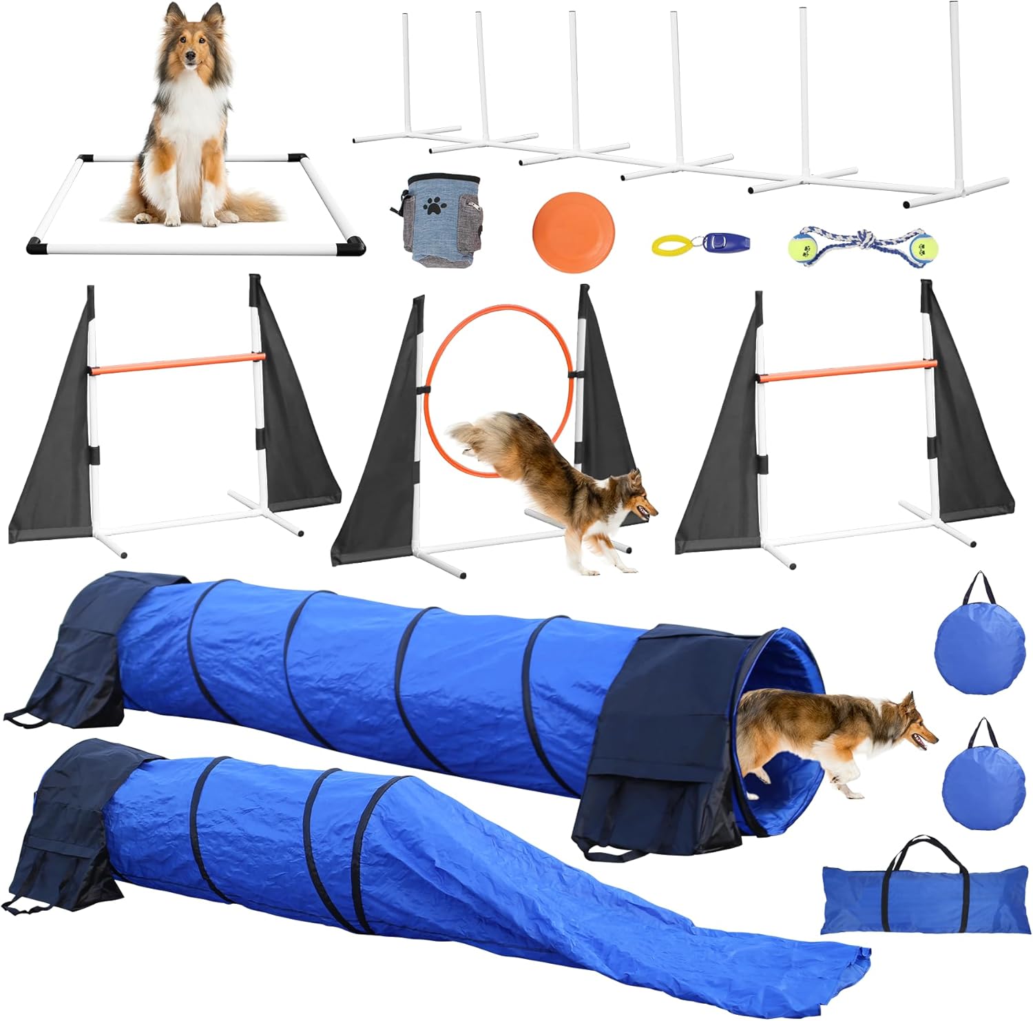 Agility Training Equipment for Dogs,Dog Agility Equipment for Backyard&Indoor Training-Professional Backyard Course with Adjustable Jumps,Collapsible Tunnel,Storage Bags&Toys (Blue, 13 PCS SET)