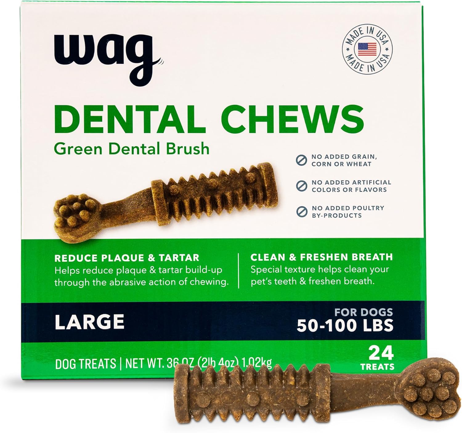 Amazon Brand – Wag Dental Chews – Green Dental Brush for Dogs, Large, Unflavored, 24 Count (Pack of 1)