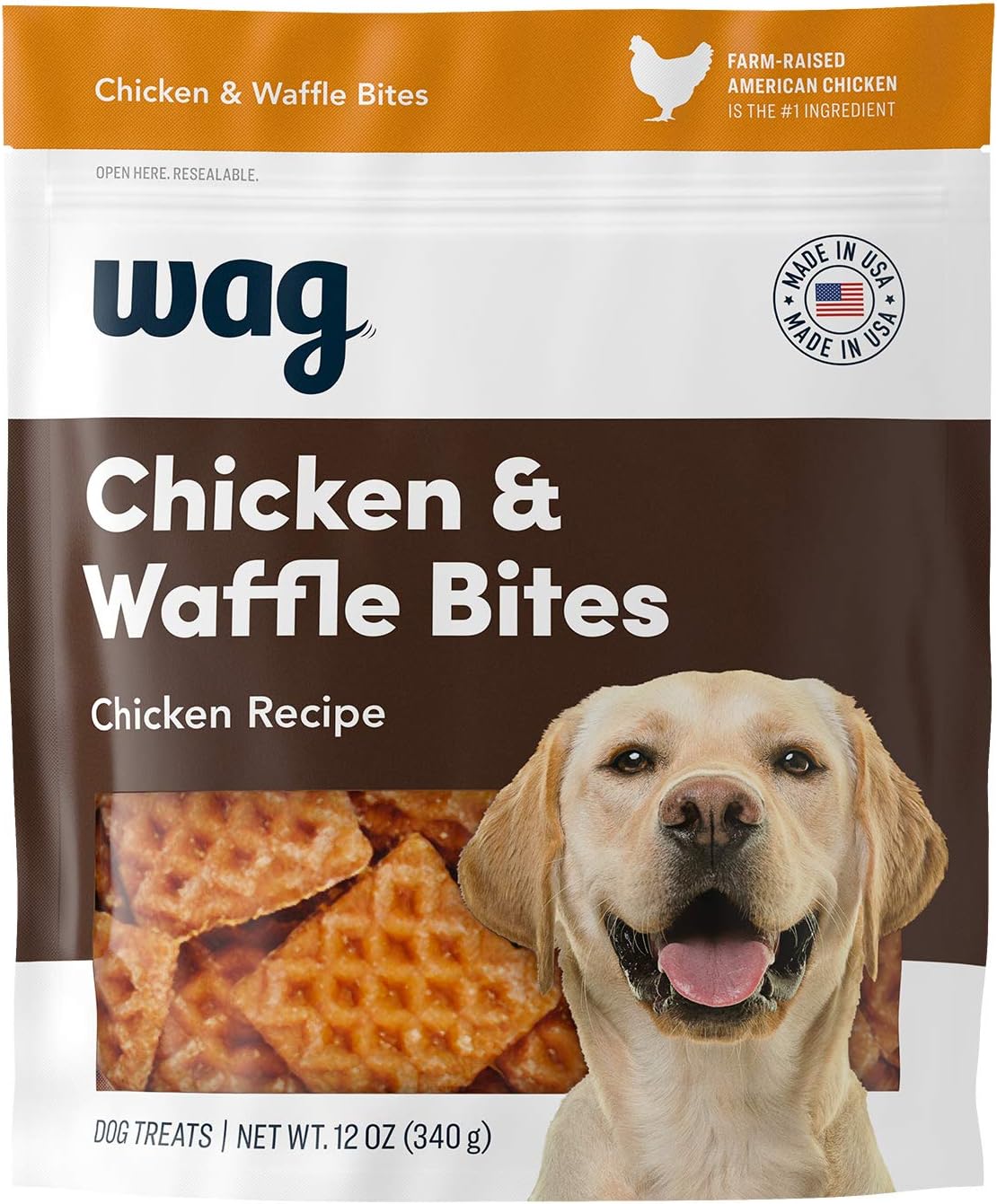 Amazon Brand – Wag Dog Treats, Chicken and Waffle Bites, 12 oz Resealable Pack of 1 Amazon Brand – Wag Dog Treats, Chicken and Waffle Bites, 12 oz Resealable Pack of 1