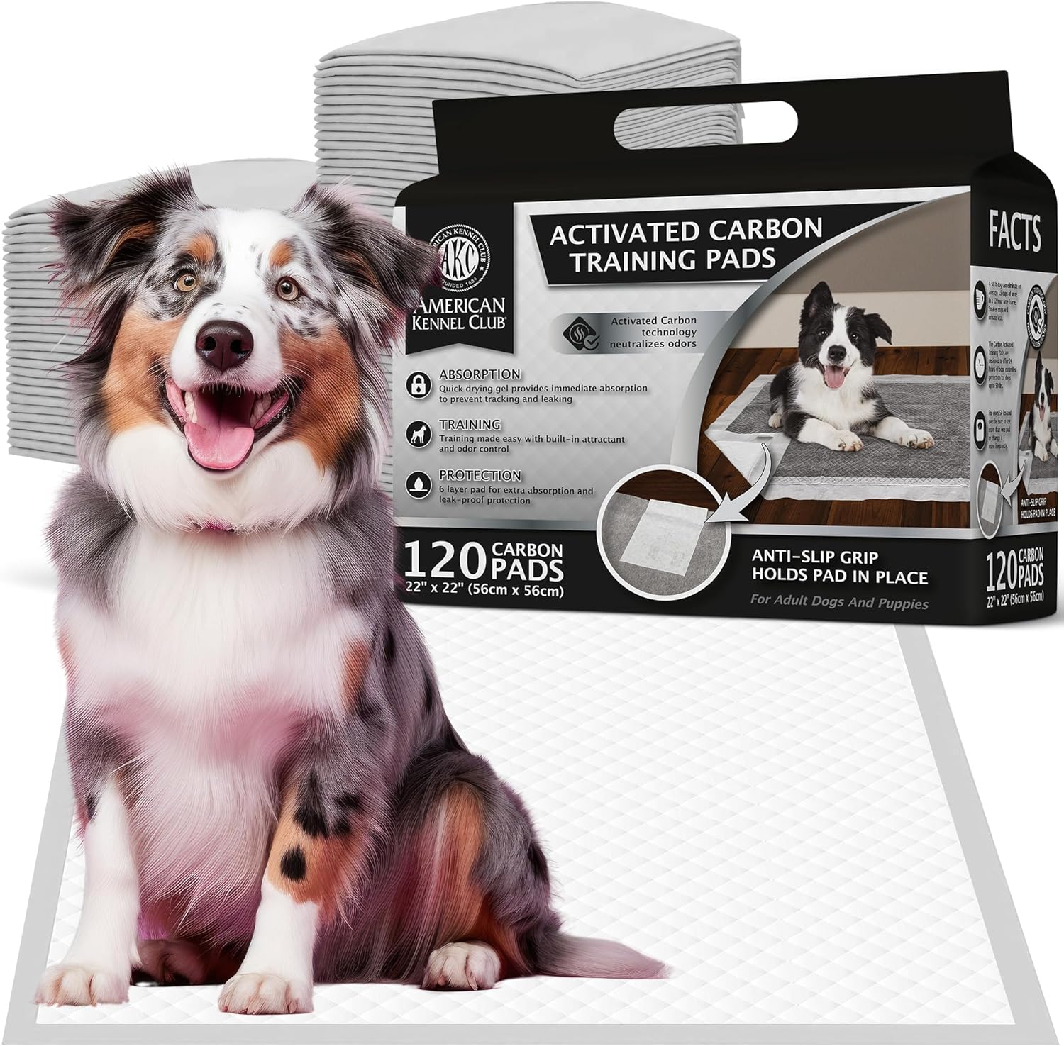 American Kennel Club Charcoal Puppy Training Pads, with Anti-Slip Adhesive Backing, Quick Dry Gel and Activated Carbon Odor Control (Charcoal, 22 x 22 – 120 Count)