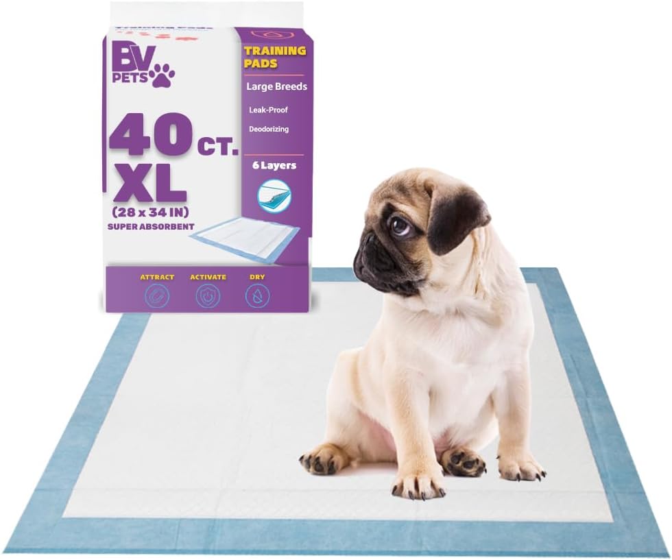 BV Puppy Pads XL 40 Count 28″x34″ – Leak-Proof Pee Pads for Dogs with 6-Layer Design, Rapid Dry Sheet & Attractant – Dog Pad Extra Large with Odor Control – Perfect for Big Dogs & Indoor Use BV Puppy Pads XL 40 Count 28″x34″ – Leak-Proof Pee Pads for Dogs with 6-Layer Design, Rapid Dry Sheet & Attractant – Dog Pad Extra Large with Odor Control – Perfect for Big Dogs & Indoor Use