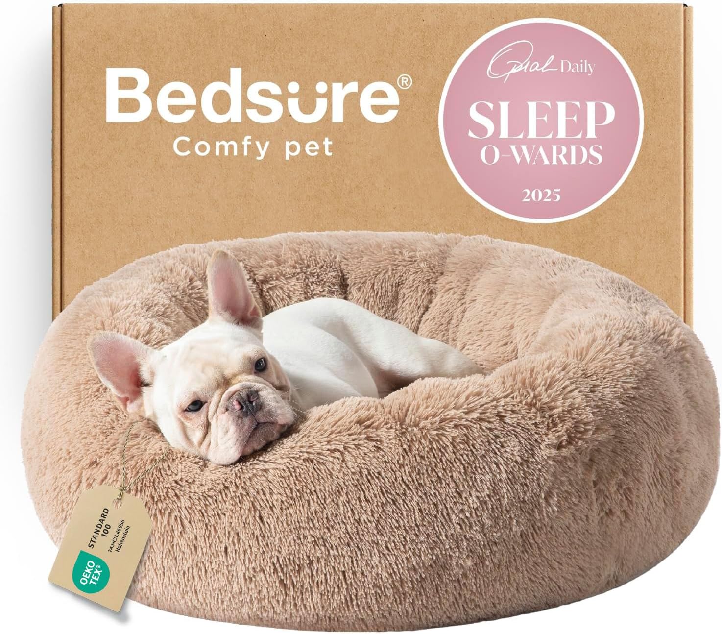 Bedsure Calming Dog Bed Medium Size Dog – Donut Washable Medium Pet Bed, 30 inches Anti-Slip Round Fluffy Plush Faux Fur Cat Bed, Fits up to 45 lbs Pets, Camel