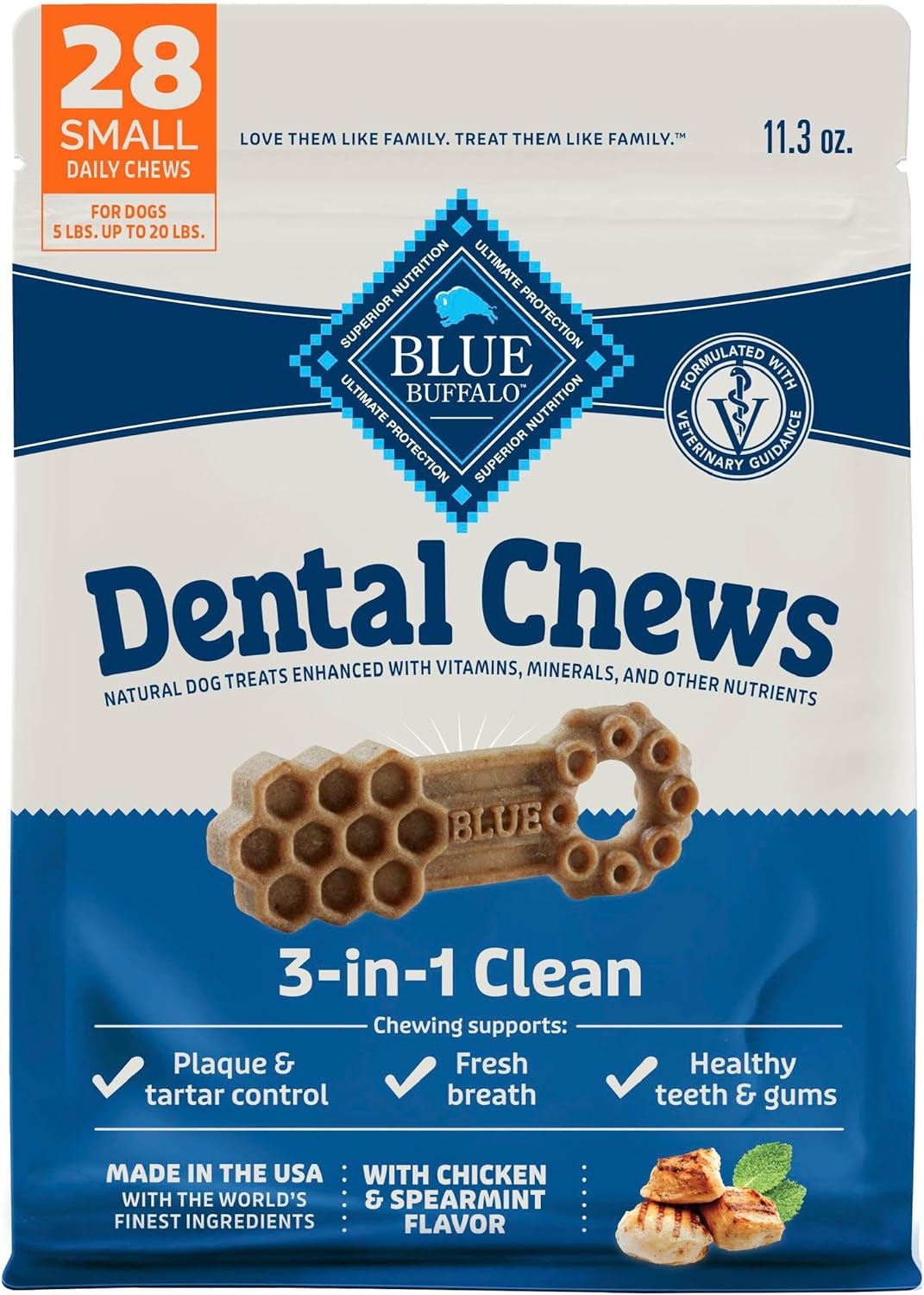 Blue Buffalo Dental Chews Small Natural Dog Treats, Chicken & Spearmint 11.3-oz Bag (28 Count)