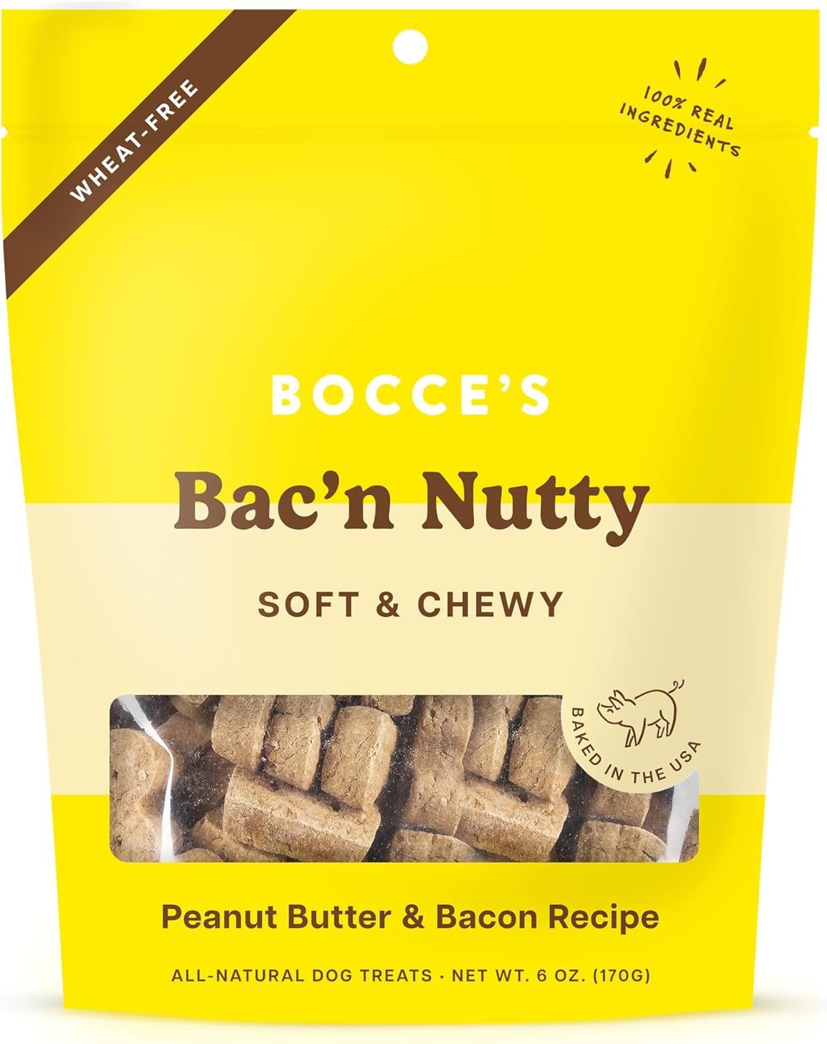 Bocce’s Bakery Bac’n Nutty Soft & Chewy Dog Treats, Wheat-Free PB & Bacon Flavored All Natural Limited Ingredient Oven Baked Cookies for Dogs, 6 oz Bag