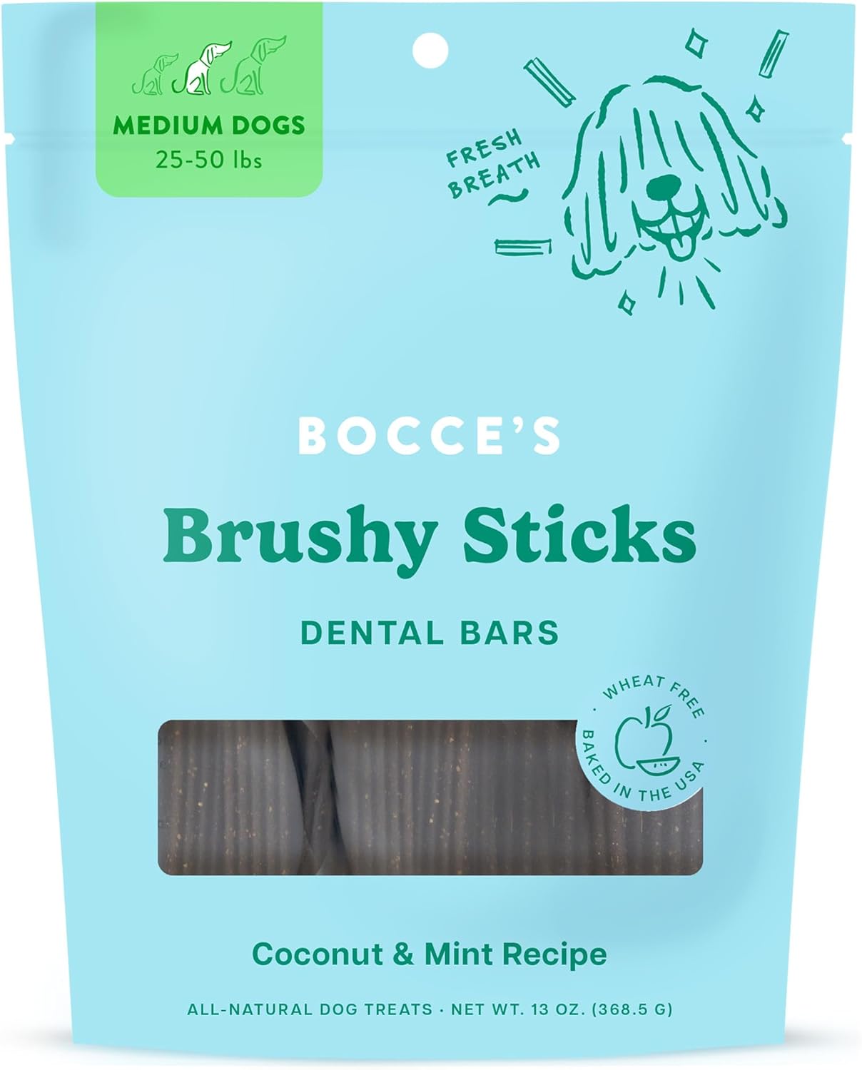 Bocce’s Bakery Dailies Brushy Sticks to Support Oral Health & Fresh Breath, Wheat-Free Dental Bars for Dogs, Made with Real Ingredients, Baked in The USA, All-Natural Coconut & Mint, Medium Dogs