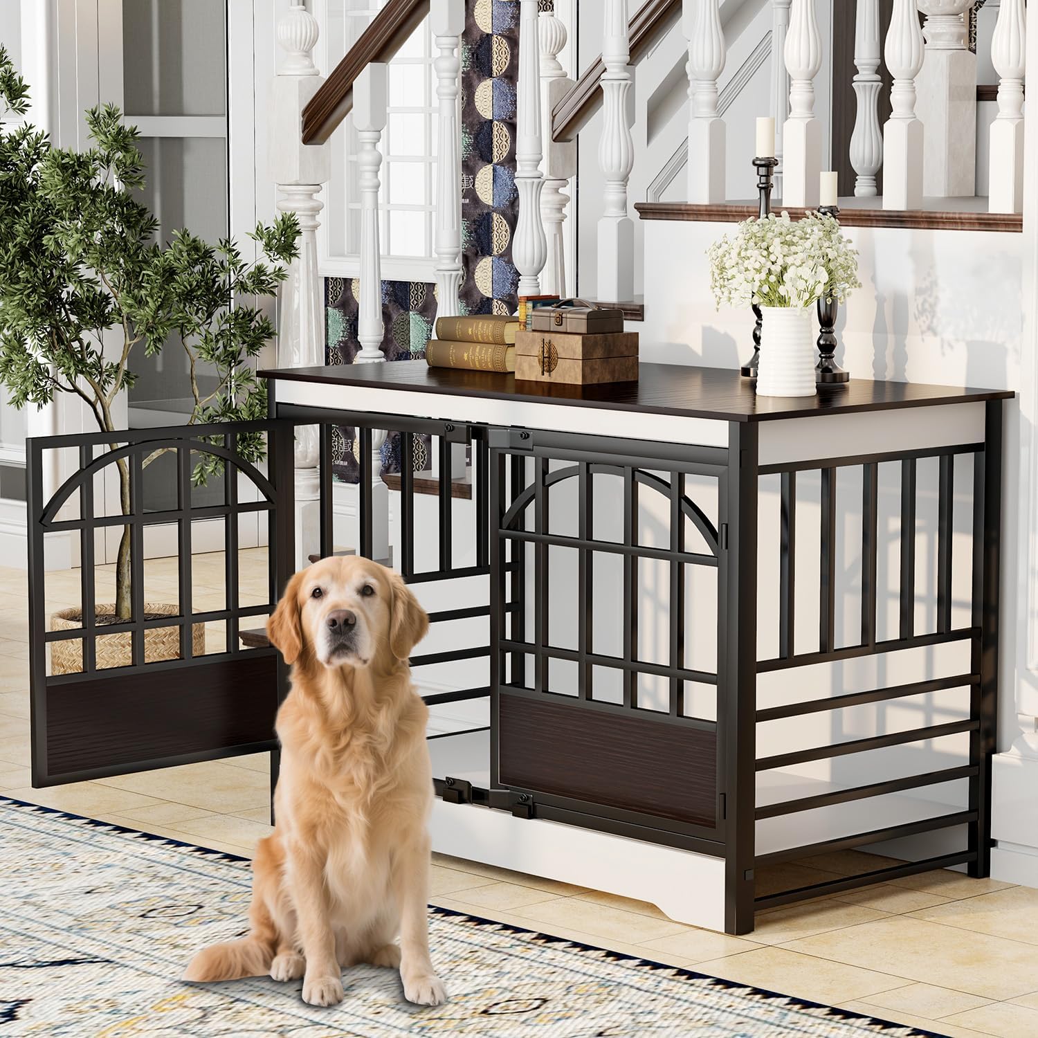 COZPAW 52 Inch Dog Crate Furniture, Extra Large Dog Kennel Indoor for XLarge Breed, Heavy Duty Dog Cage with Double Elegant Arched Doors, Decorate as TV Stand & End Table – White Brown