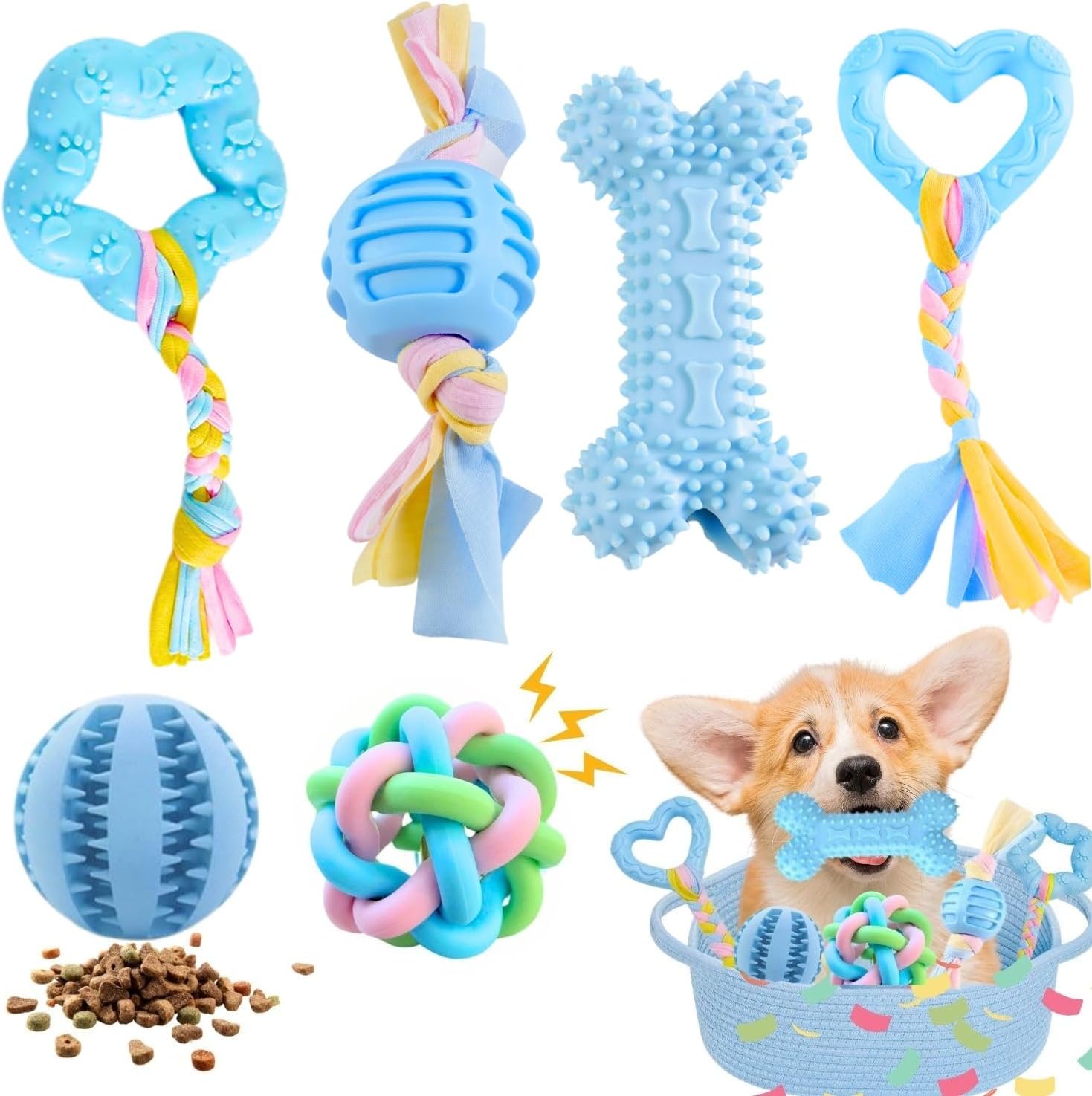 Chew Toys for Small Dogs – 6 Pack Teething Set, Soft Rubber, Eco-Friendly, Teeth Cleaning, Interactive Blue Dog Toys Chew Toys for Small Dogs – 6 Pack Teething Set, Soft Rubber, Eco-Friendly, Teeth Cleaning, Interactive Blue Dog Toys