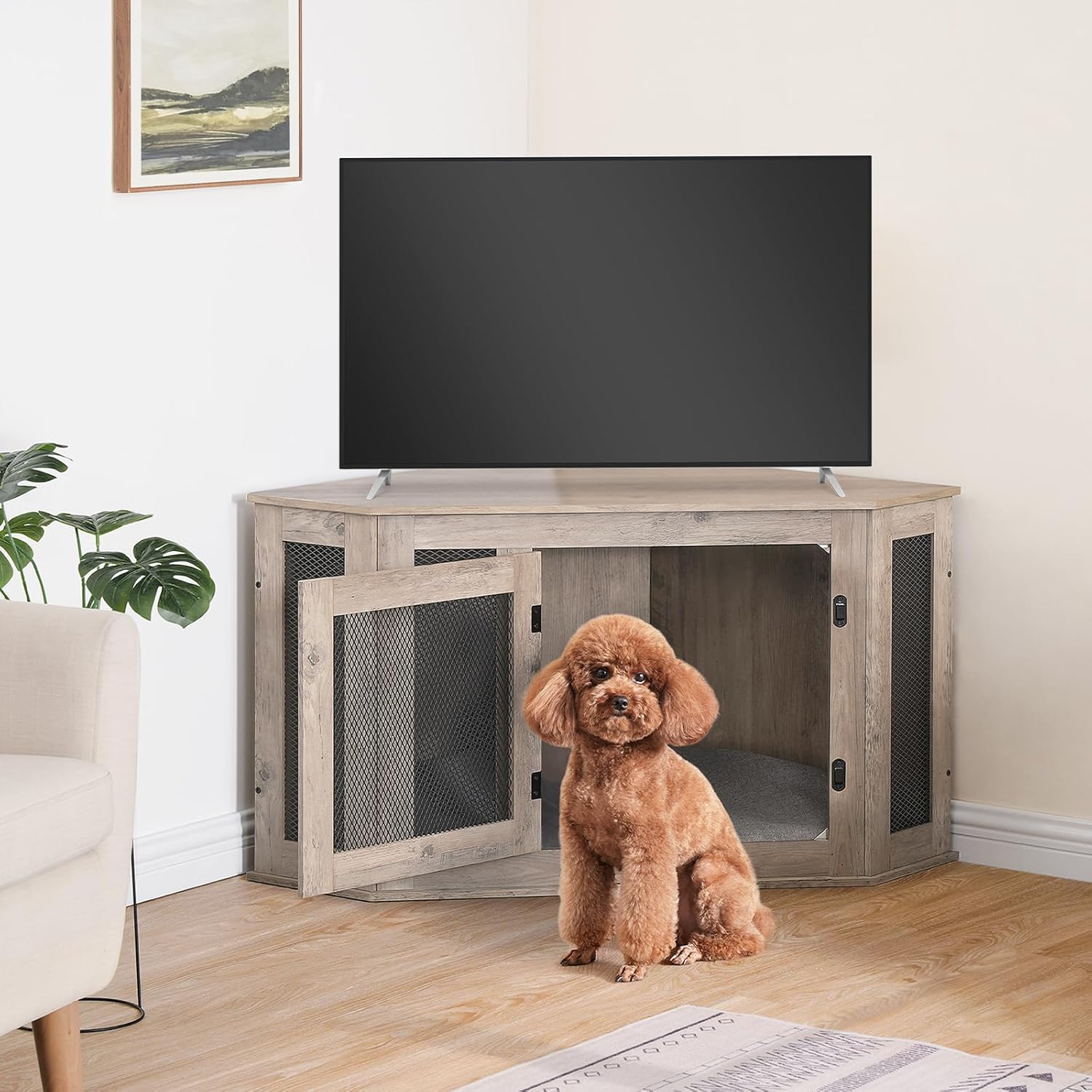 Corner Dog Crate Furniture, Wooden Dog Kennel End Table, Decorative Pet Crate Indoor Use, Furniture Style Dog House for Small Medium Dog, Dog Cage TV Stand, Greige and Black DCHG0801