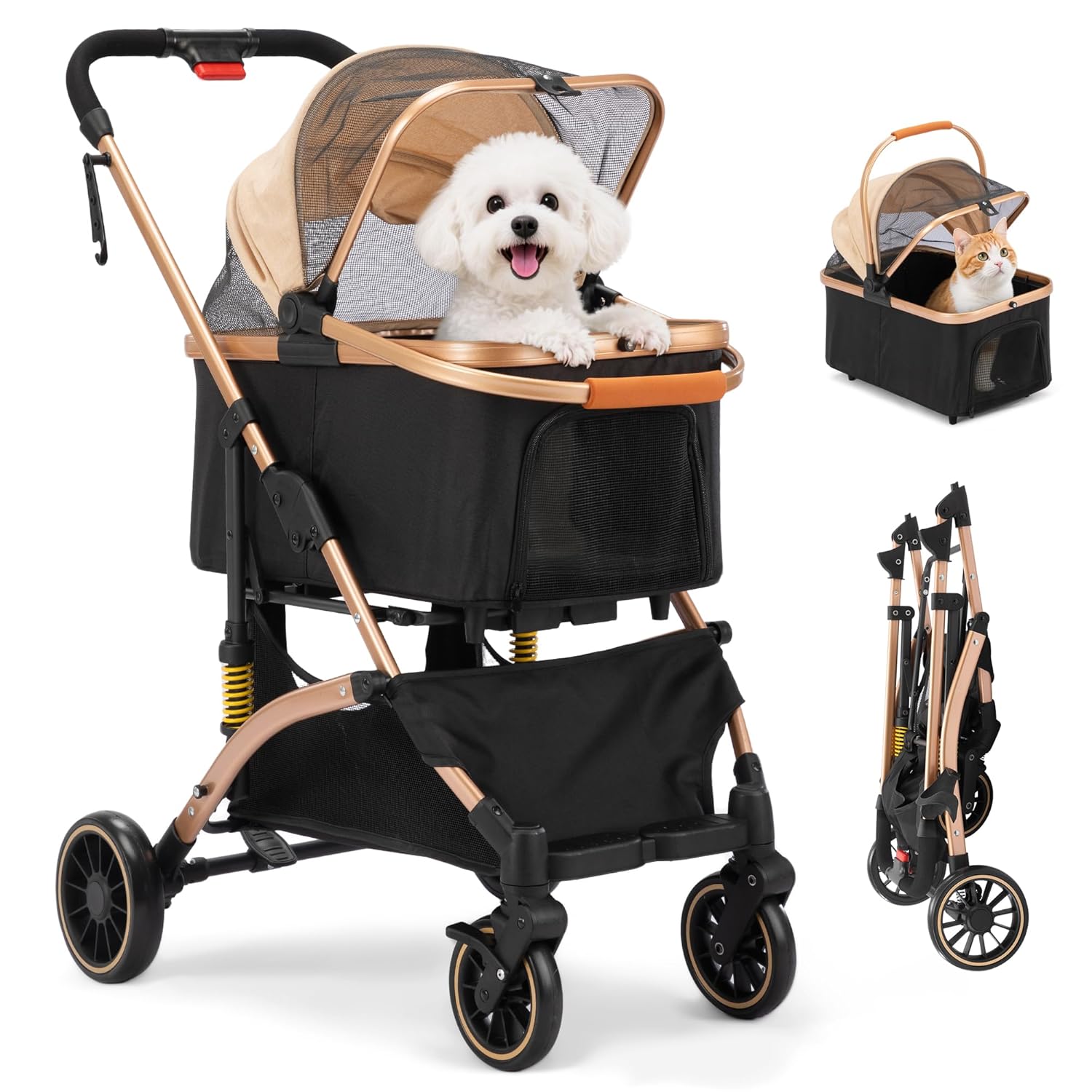 Coziwow Dog Stroller for Pets, One Hand Fold Puppy Stroller with 6 Shock Absorbers, Removable Cabin & Storage Basket, 4 Wheels Dual Brakes, Rose Gold + Black Coziwow Dog Stroller for Pets, One Hand Fold Puppy Stroller with 6 Shock Absorbers, Removable Cabin & Storage Basket, 4 Wheels Dual Brakes, Rose Gold + Black