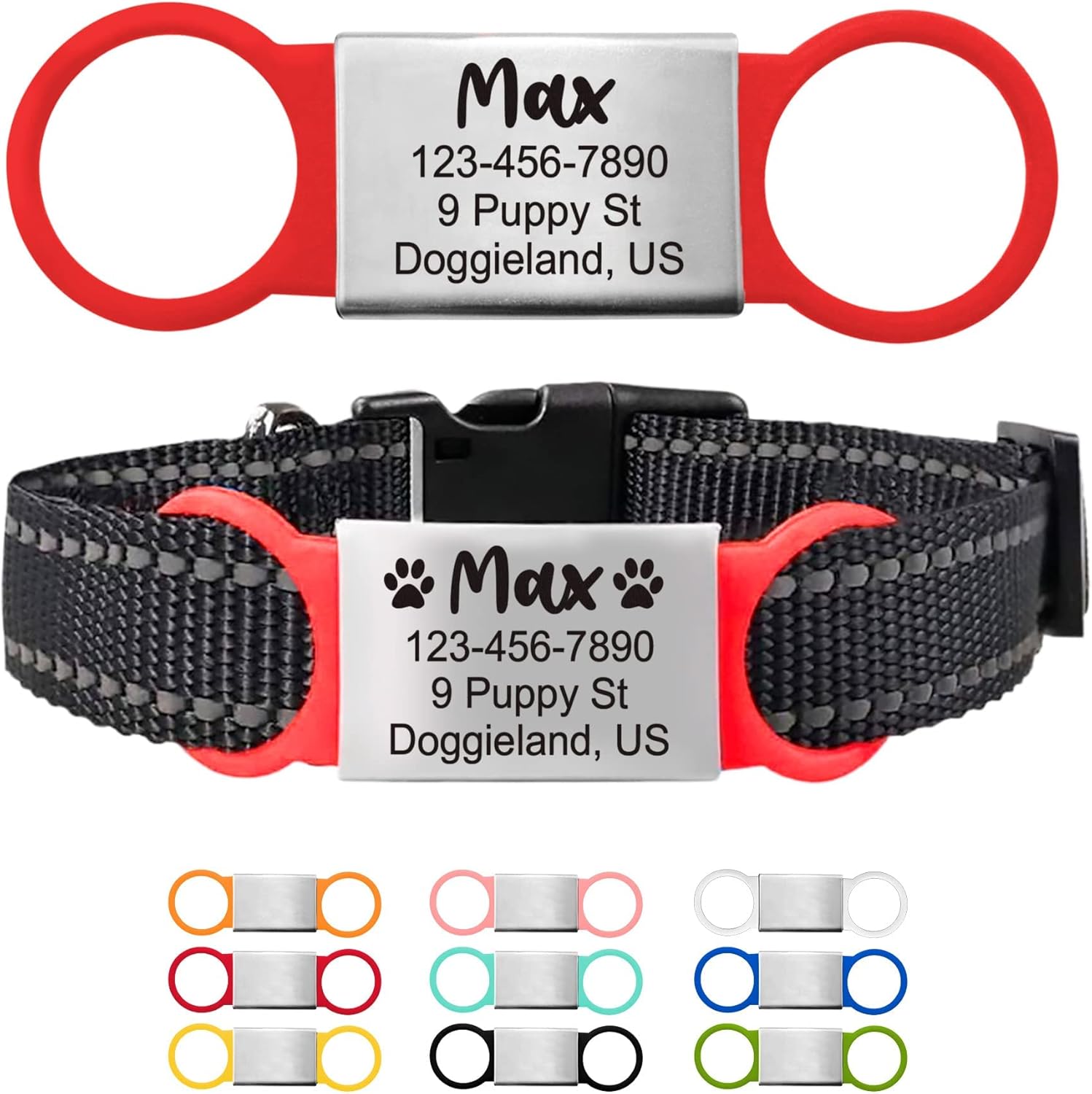Custom Slide On Pet Tag ID, Fancy Silent Dogs & Cats Personalized No Jingle Engraved Identification Name & Phone Charm for Collar & Harnesses, No Noise for Puppies, Kitties, Horses & Animals