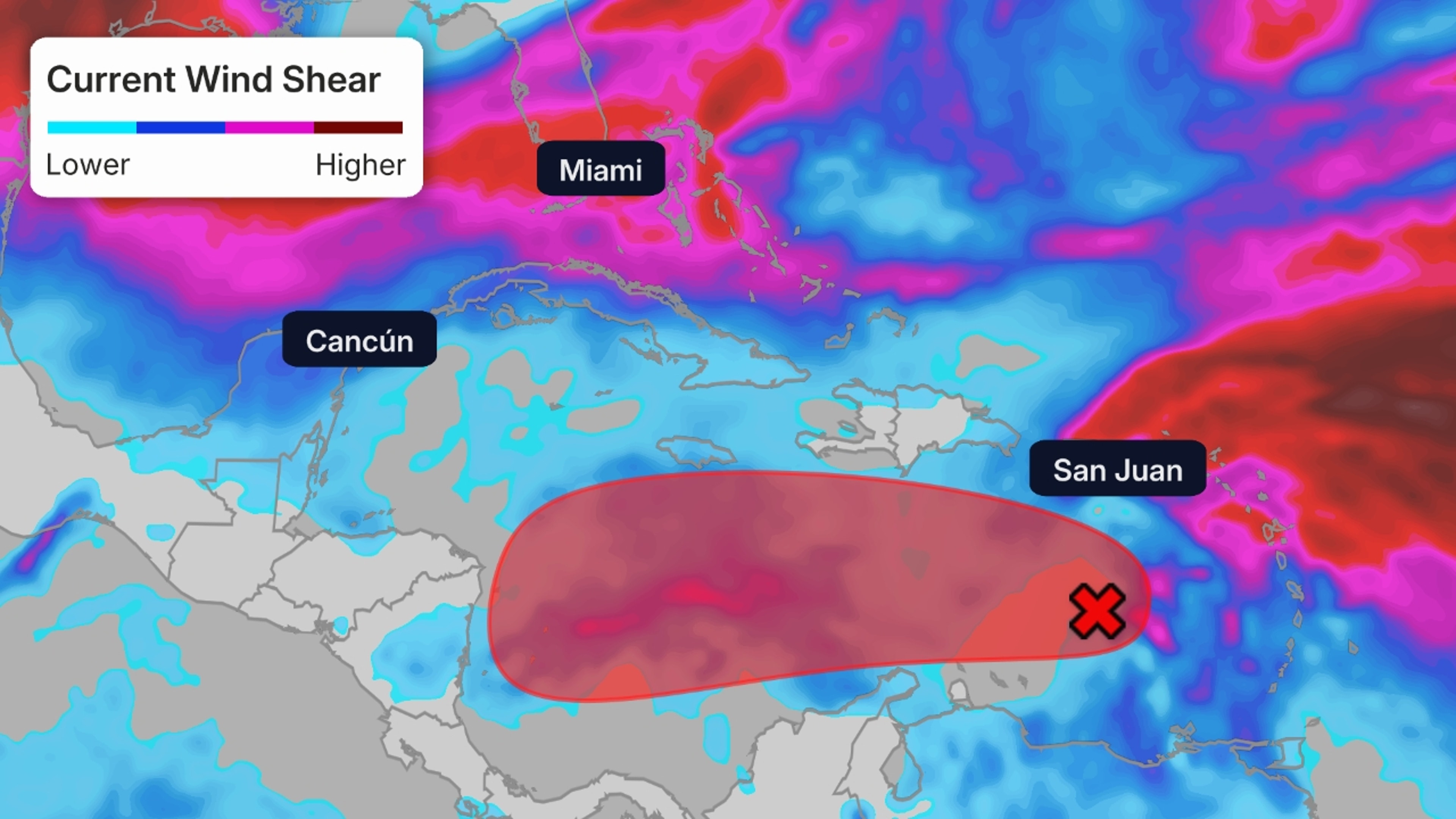 Areas of strong wind shear, the difference in wind speed and direction with height, are shown in purple. High wind shear is hostile to mature tropical cyclones and those trying to develop. The area of possible development is also shown, as in the previous map.