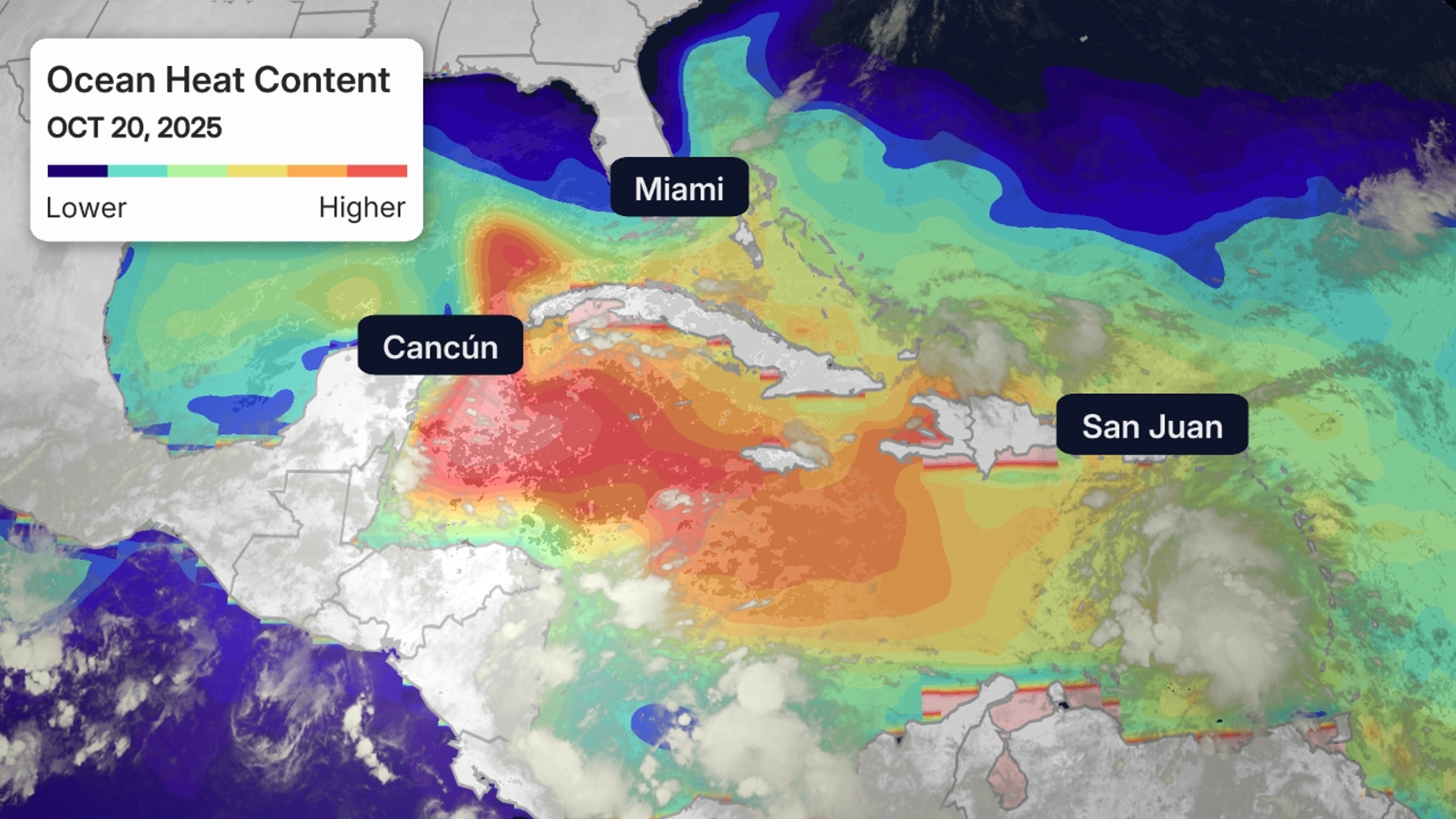 This map shows areas of not only warm water, but warm, deep water that is one ingredient to fuel developing and active tropical cyclones.