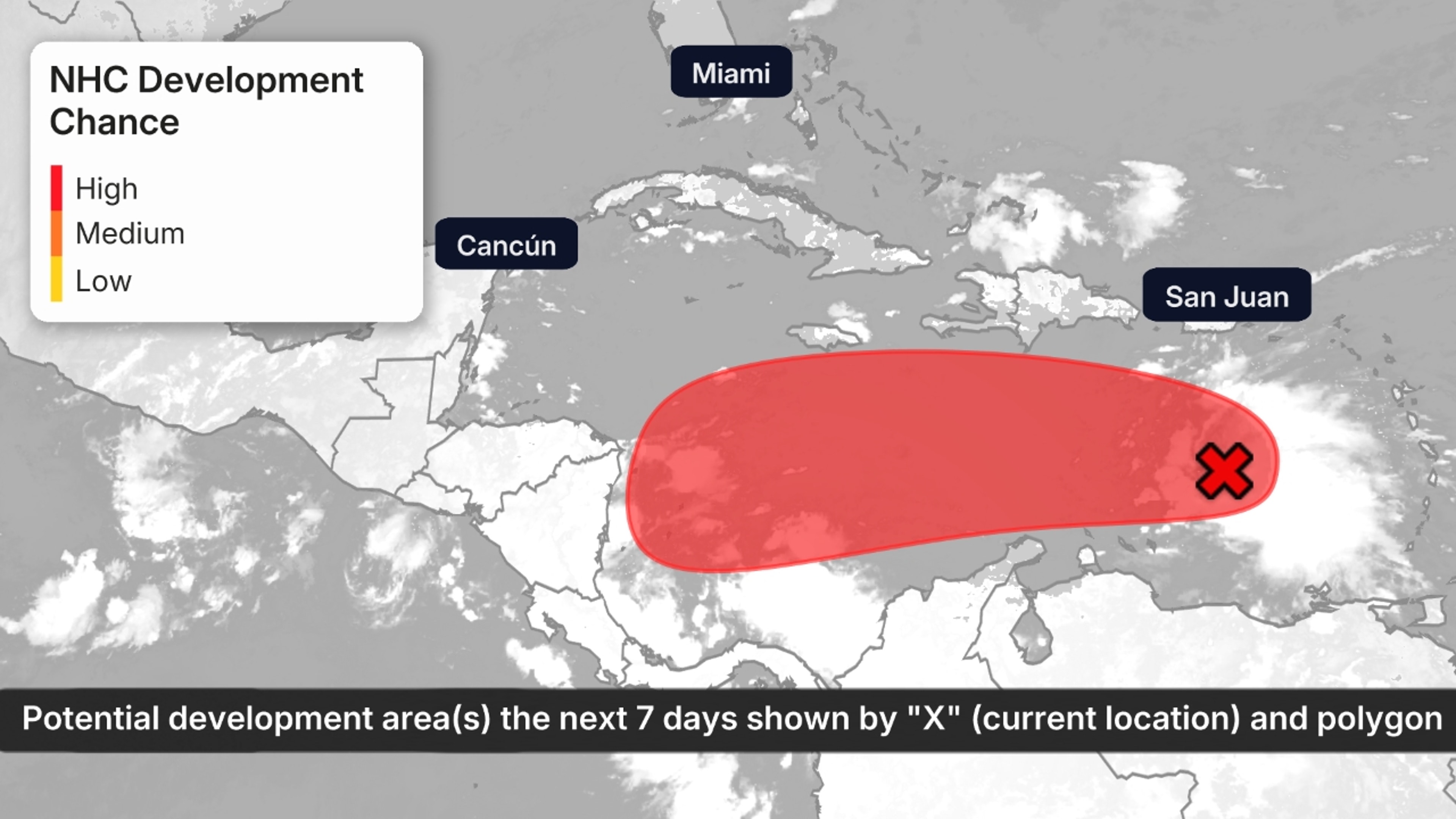The possible area(s) of tropical development according to the latest National Hurricane Center outlook are shown by polygons, color-coded by the chance of development over the next seven days. An "X" indicates the location of a current disturbance.
