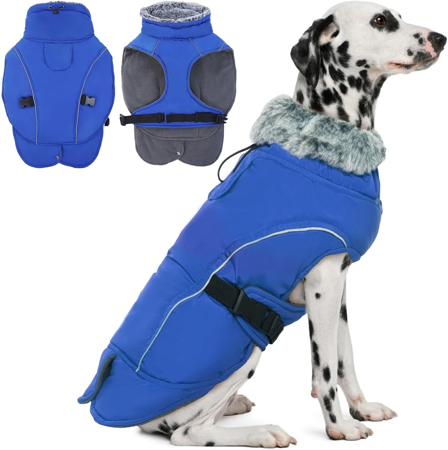 DENTRUN Dog Winter Coat – Windproof Reflective Jacket, Plush Turtleneck & Adjustable Belt, Water Repellent Fleece Lined Cold Weather Vest for Corgi Bulldog, Blue, L