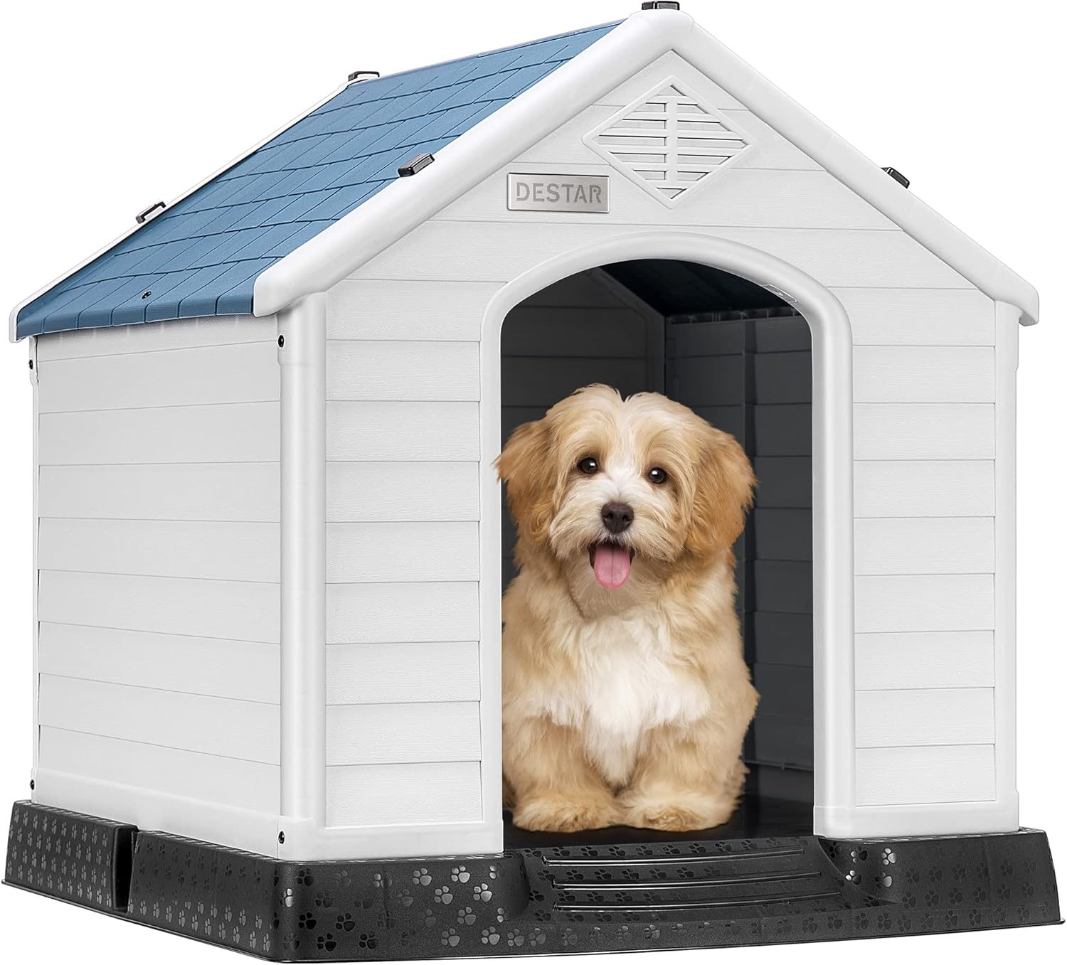 DEStar Durable Waterproof Plastic Pet Dog House Indoor Outdoor Puppy Shelter Kennel with Air Vents and Elevated Floor (Medium – 28″ Height)