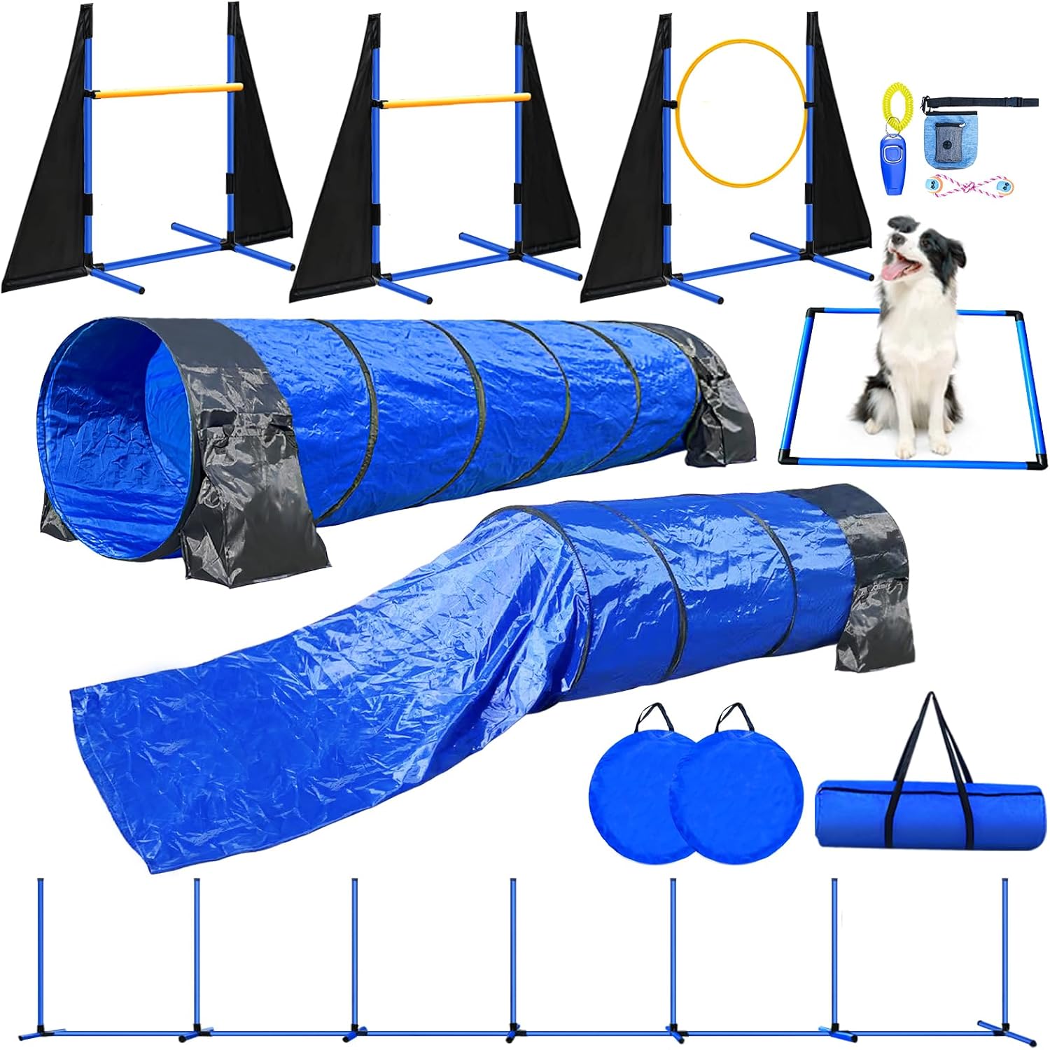 Dog Agility Course Backyard Set – Includes 2x10ft Tunnels, 2 Agility Hurdles,1 Jump Ring,1 Weave Pole, 1 Pause Box | Perfect Dog Agility Equipment for Obstacle Course | Easy Setup & Storage Dog Agility Course Backyard Set – Includes 2x10ft Tunnels, 2 Agility Hurdles,1 Jump Ring,1 Weave Pole, 1 Pause Box | Perfect Dog Agility Equipment for Obstacle Course | Easy Setup & Storage