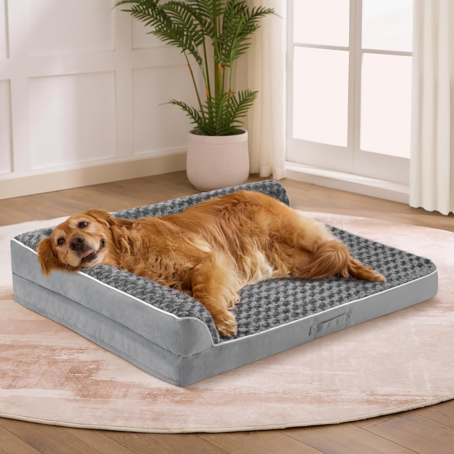 Dog Bed Large Sized Dogs, XL Orthopedic Dog Bed for Large Dogs, Waterproof Pet Bed with Washable Removable Cover, L-Shaped Pet Couch with Portable Handle 42″x30″x7.5″, Grey
