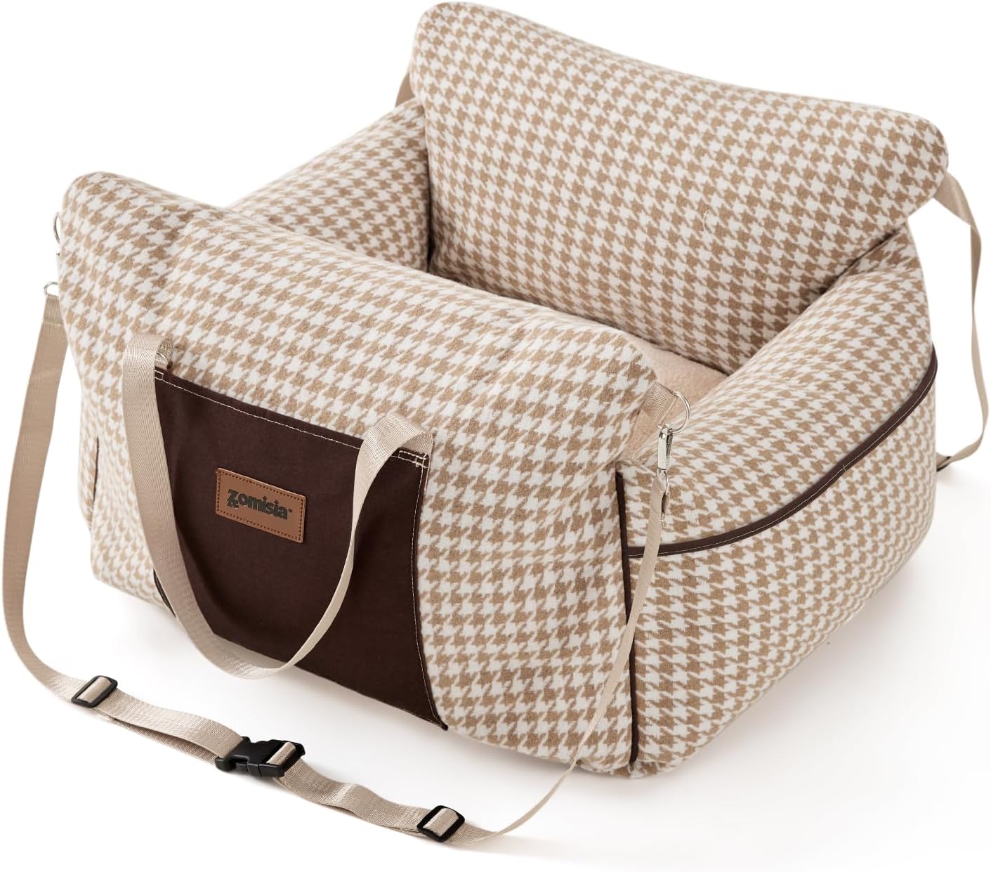 Dog Car Seat for Small Dogs – Waterproof Pet Booster Seat for Car with Clip-On Safety Leash, Soft Travel Carrier for Puppy up to 25 lbs, Memory Foam Filling & 2 Adjustable Buckles Houndstooth