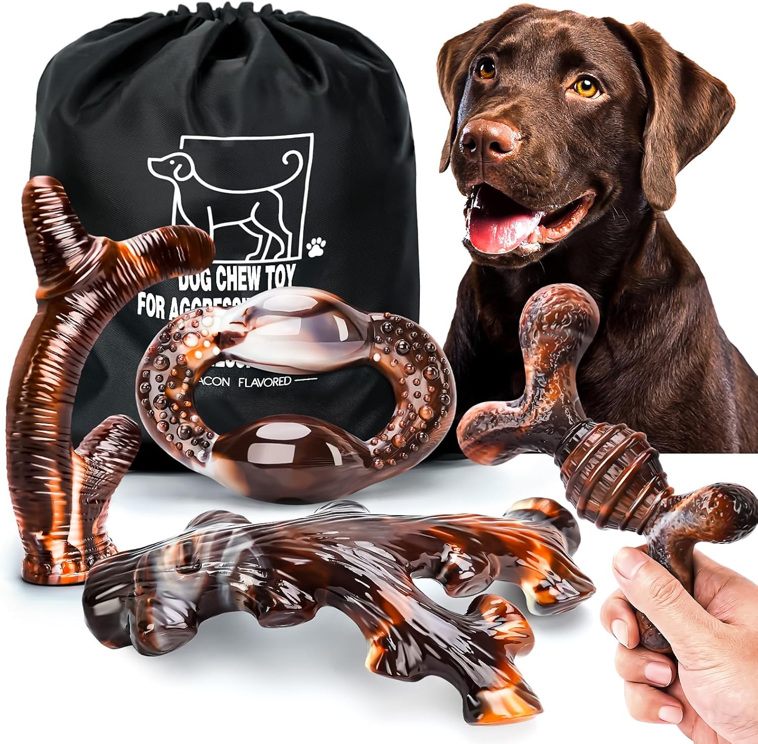 Dog Chew Toys for Aggressive Chewers 4 Pack, Indestructible Dog Toys, Bacon Flavor, Tough Nylon Bones to Keep Them Busy, Medium & Large Breed, Gifts for Dogs Dog Chew Toys for Aggressive Chewers 4 Pack, Indestructible Dog Toys, Bacon Flavor, Tough Nylon Bones to Keep Them Busy, Medium & Large Breed, Gifts for Dogs