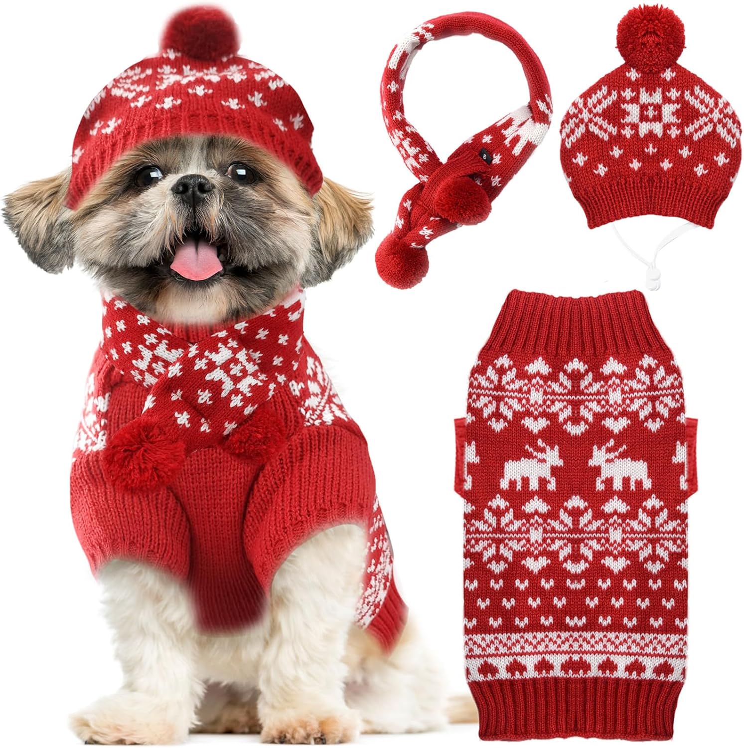Dog Christmas Outfit 3 PCS Set Pet Xmas Sweater Hat Scarf Snowflake Christmas Dog Cat Sweaters Costume Winter Warm Small Dogs Clothes New Year Holiday Puppy Clothing (Scarf + Hat + Sweater,L)