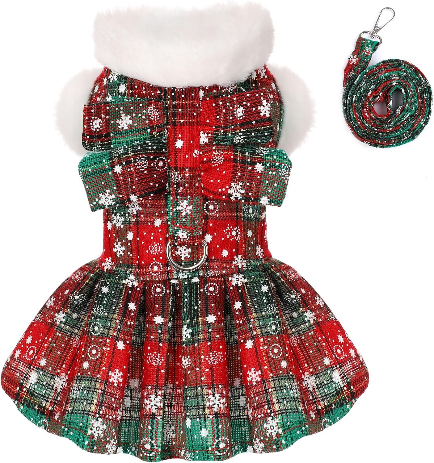 Dog Christmas Sweater Dress with Leash Set Puppy Sweaters for Small Dogs Girl Pet Outfit Plaid Puppy Clothes Cute Bowknot Doggy Apparel Cat Holiday Xmas Party Costume (Small, Green)