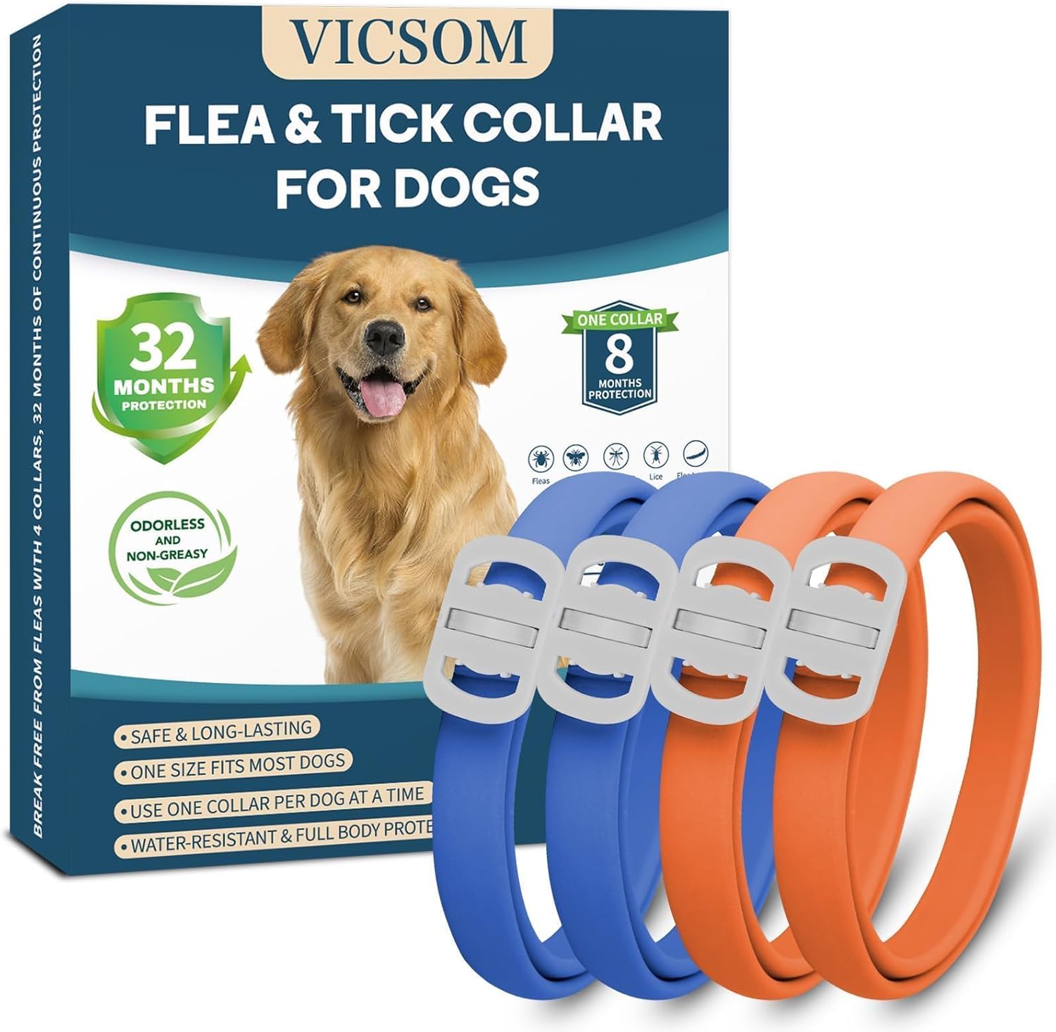 Dog Flea and Tick Collar 4 Pack, Waterproof Adjustable Collar for Dogs and Puppies, 32-Month Prevention, Blue & Orange