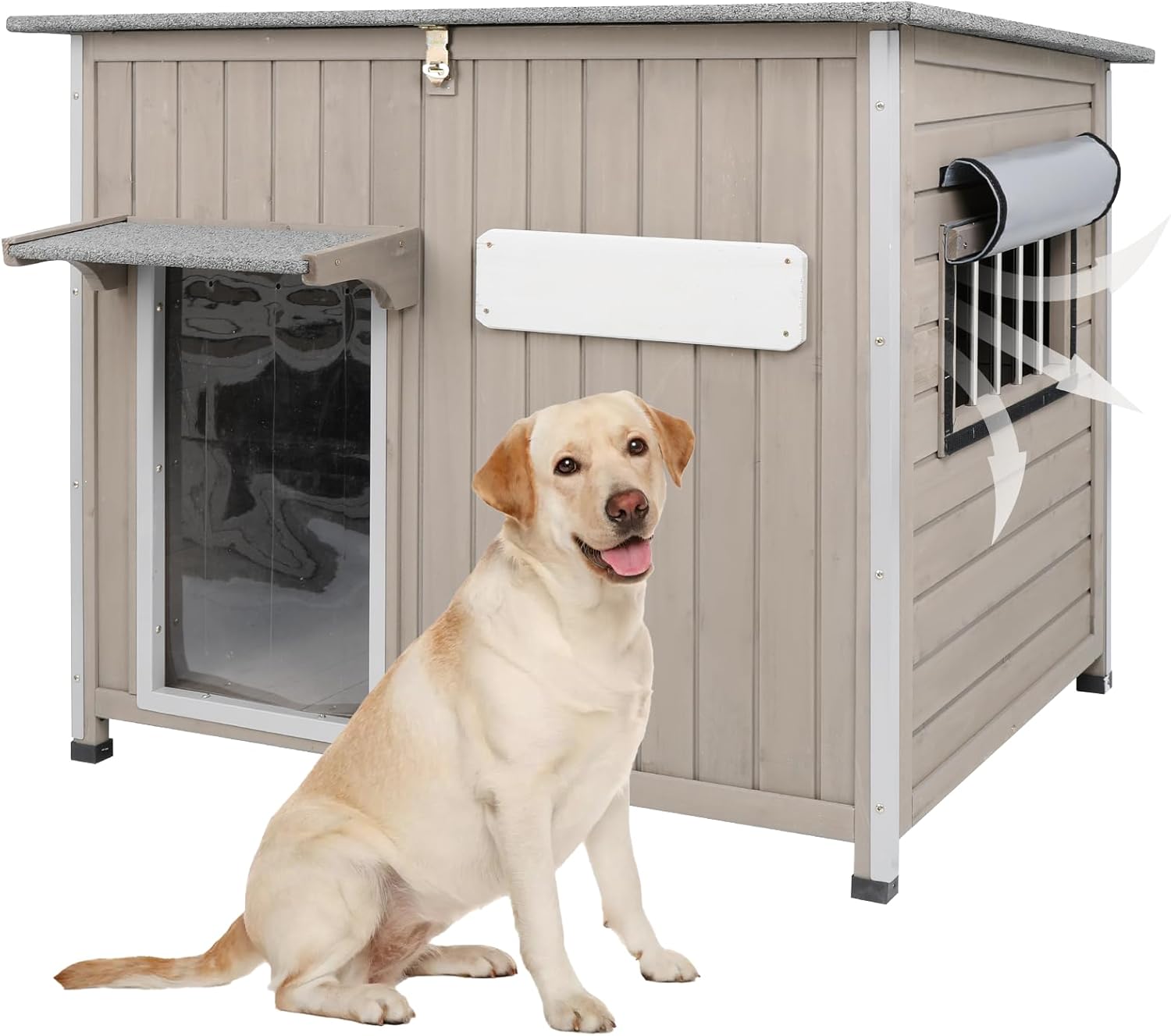 Dog House Outdoor Weatherproof & Wooden Dog Kennel with Chew-Proof Iron Frame，Removable Floor, Adjustable Vent Window, Easy Assembly for Large and Medium Dogs 43.3″ D x 29.5″ W x 33.5″ H