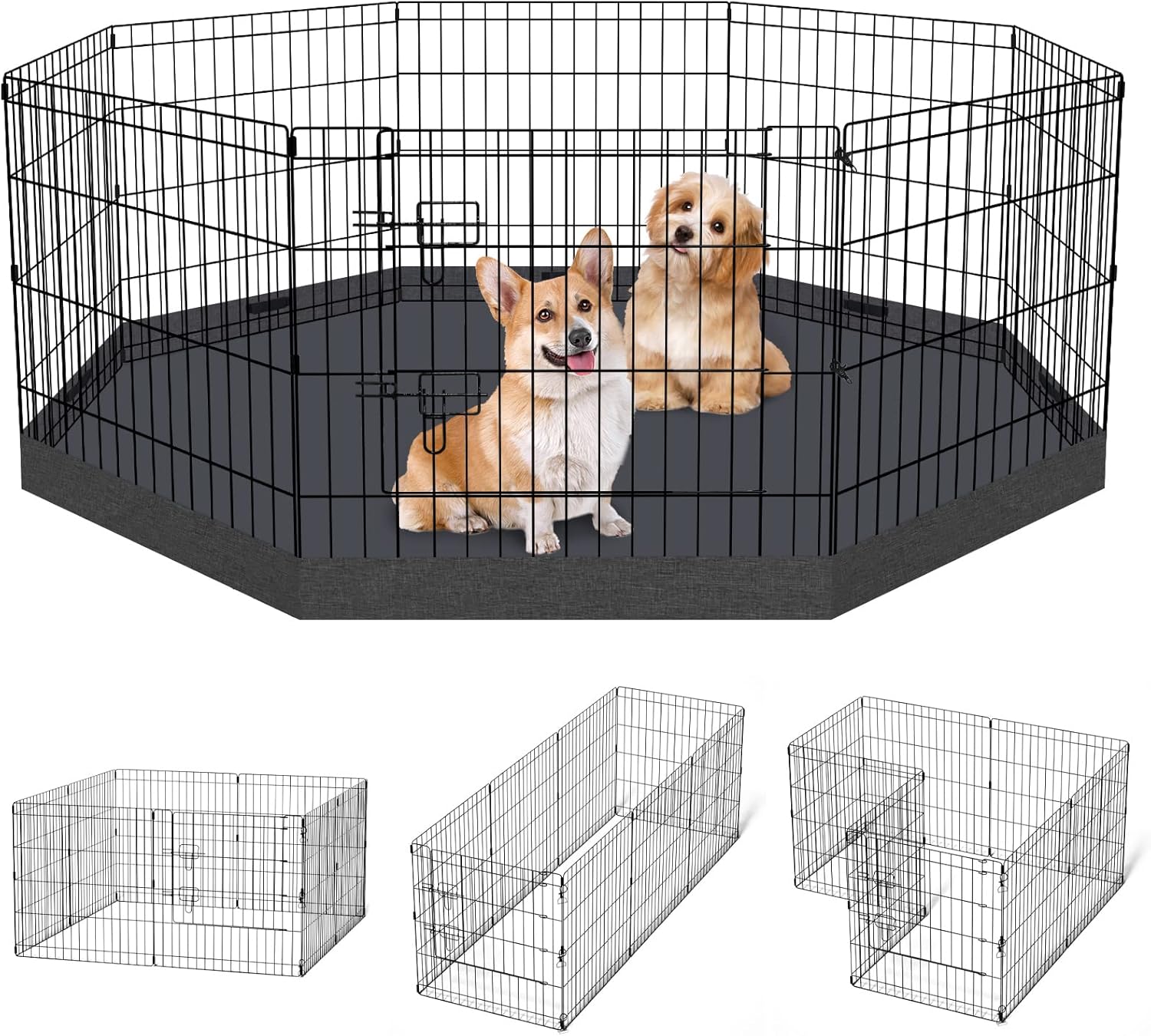Dog Pen Pet Playpen Dog Fence Indoor Foldable Metal Wire Exercise Puppy Play Yard Pet Enclosure Indoor Outdoor 8 Panels 24 Inch with Bottom Pad/Top Cover (Black with Bottom pad)