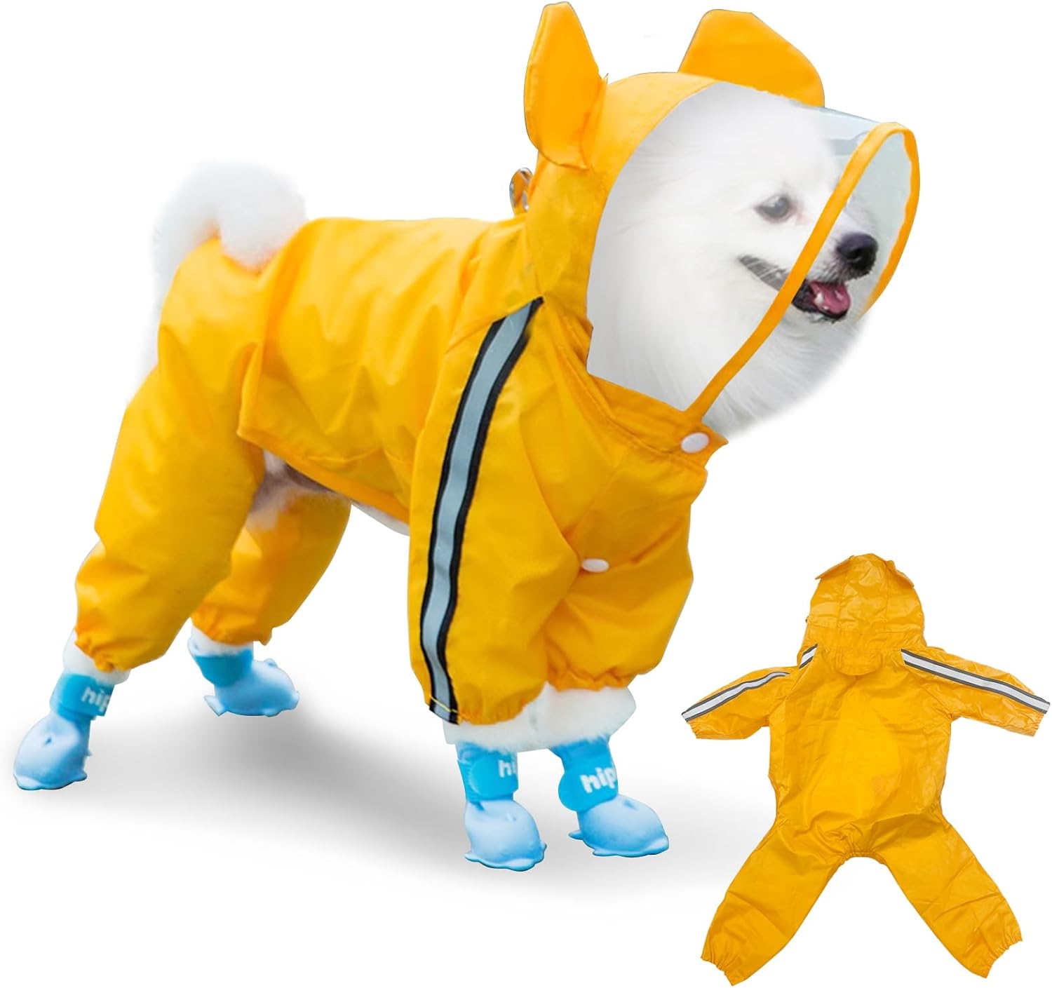 Dog Raincoat, Waterproof Nylon, Adjustable Hood & Leg Straps, Leash Hole, Reflective, Lightweight, Yellow, Small (3.5-5.5 lbs)