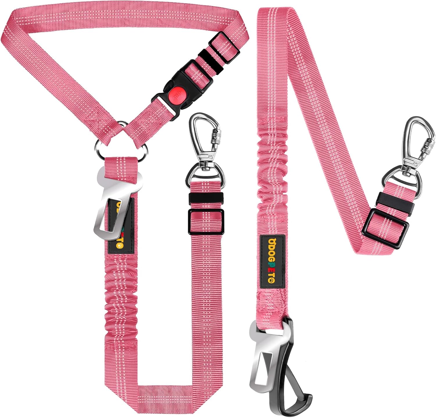 Dog Seat Belt for Car, Adjustable 4-in-1 Dog Car Seatbelt Leash with Hook & Buckle, Reflective Dog Seatbelt Harness for Car with Vehicle Car Headrest & Swivel Carabiner and Poop Bag, Pink