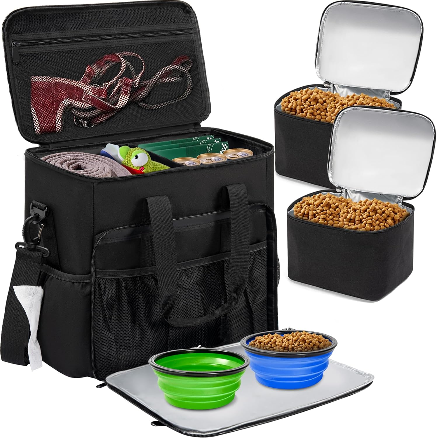 Dog Travel Bag, Airline Approved Tote Organizer, Multi-Function Pockets for Dog Stuff & Pet Supplies Travel Essentials, Black with Bowl (BLUE&GREEN)