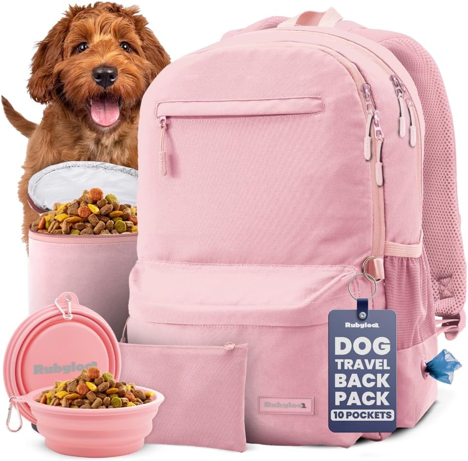 Dog Travel Bag for Supplies – Complete Dog Diaper Bag Backpack with 2 BPA-Free Travel Bowls, Treat Pouch, Food Container, Placemat & Laptop Sleeve – for Traveling, Road Trips, Hiking – Dusty Pink