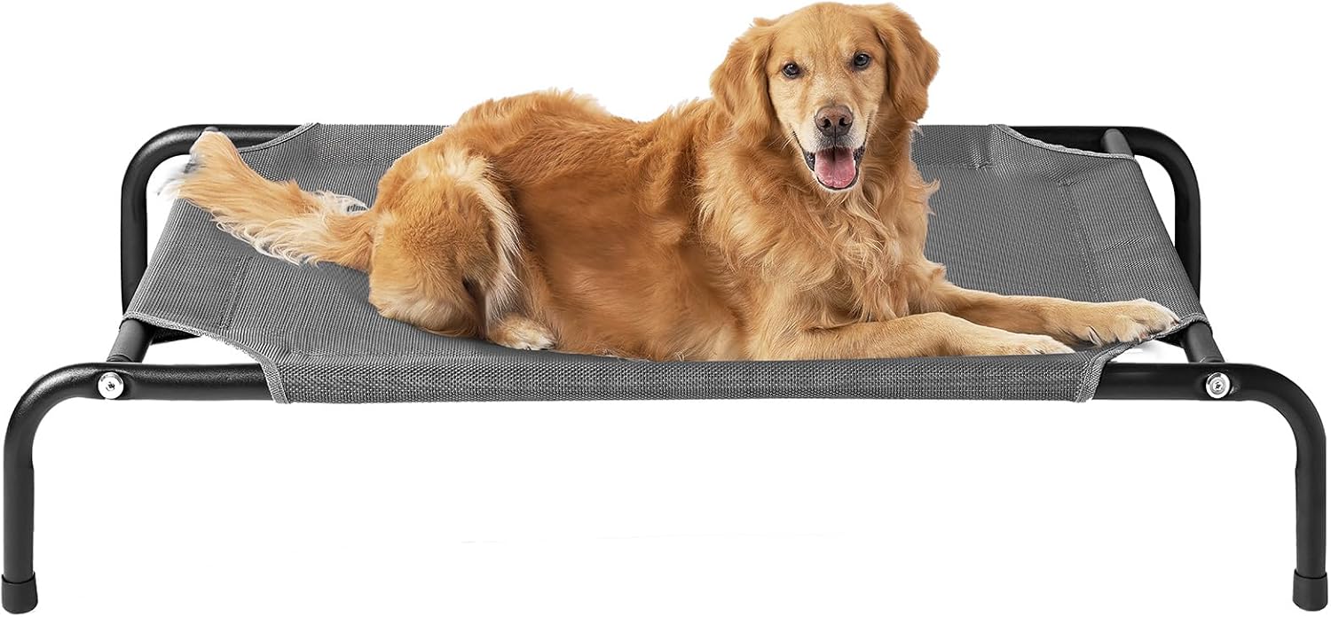 EHEYCIGA Elevated Dog Cot Beds for Large Dogs, Raised Outdoor Dog Hammock, Lifted Pet Platform with Frame and Washable Waterproof Cooling Teslin Mesh and Anti-Slip Feet, 43×26 inch