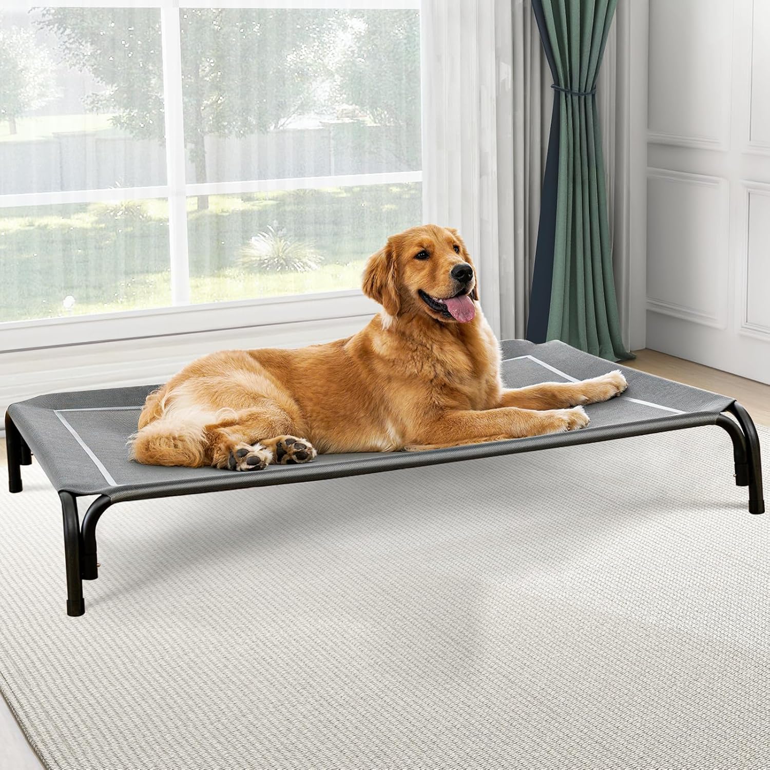 Elevated Dog Bed, Raised Outdoor Dog Bed for Large Sized Dogs, Portable Cooling Pet Cot with Breathable & Washable Mesh, Indoor & Outdoor Pet Hammock with Skid-Resistant Feet.