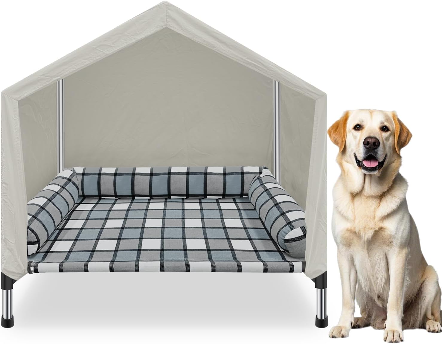 Elevated Dog Pet Bed House – Weatherproof 2-in-1 Indoor Outdoor Pet Cot with Canopy Cooling Portable Raised Dog Bed with Pillow for Camping Beach (DMHK-22)